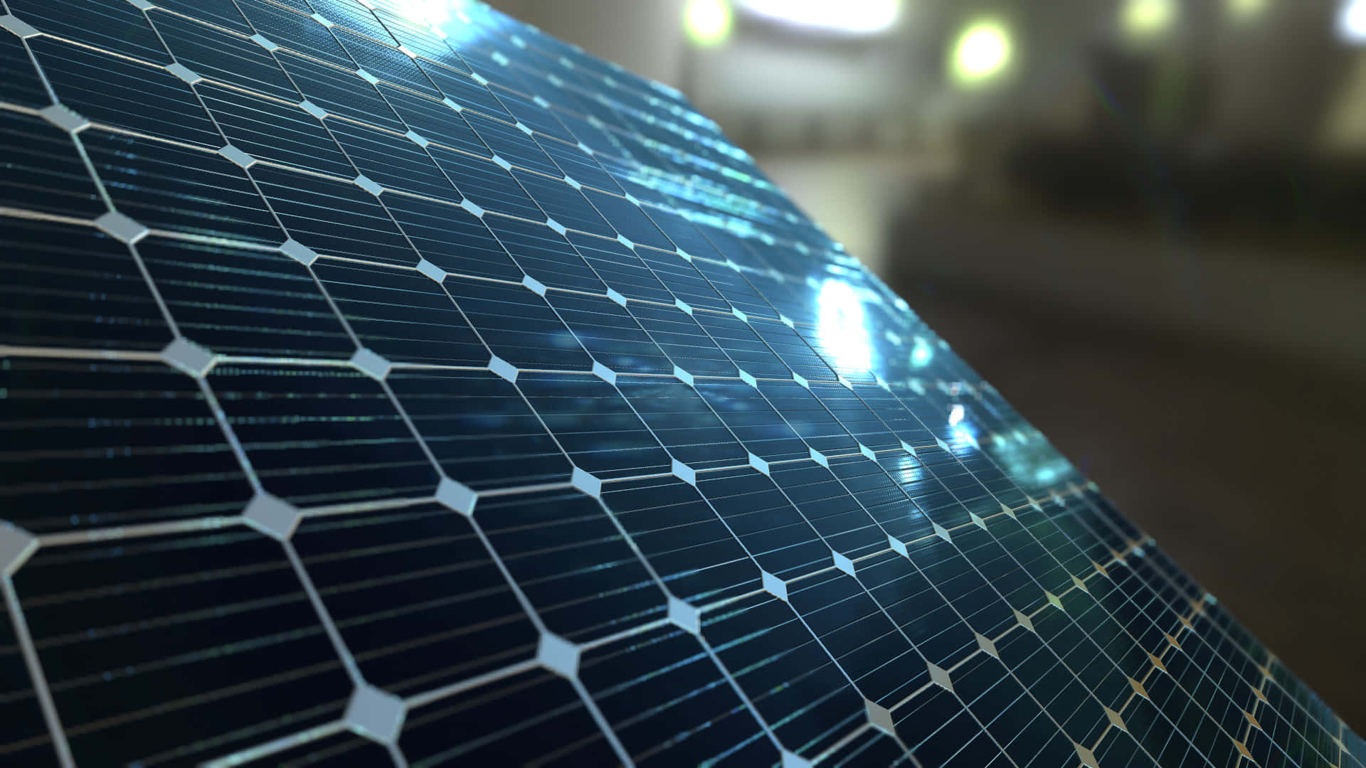 Electricity 桌布 壁紙 — 時尚太陽能板的特寫，具有反光藍色電池片和銀色網格線，在明亮的人造光下。