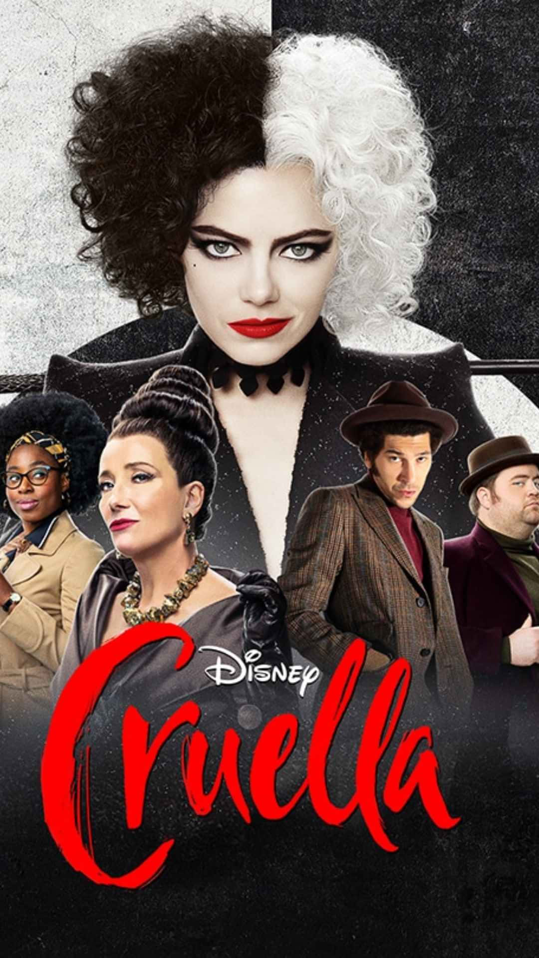 Cruella 桌布 壁紙 — 《時尚惡女：庫伊拉》的戲劇性電影海報，一名半黑半白頭髮的女性被配角包圍，背景粗糙有質感。