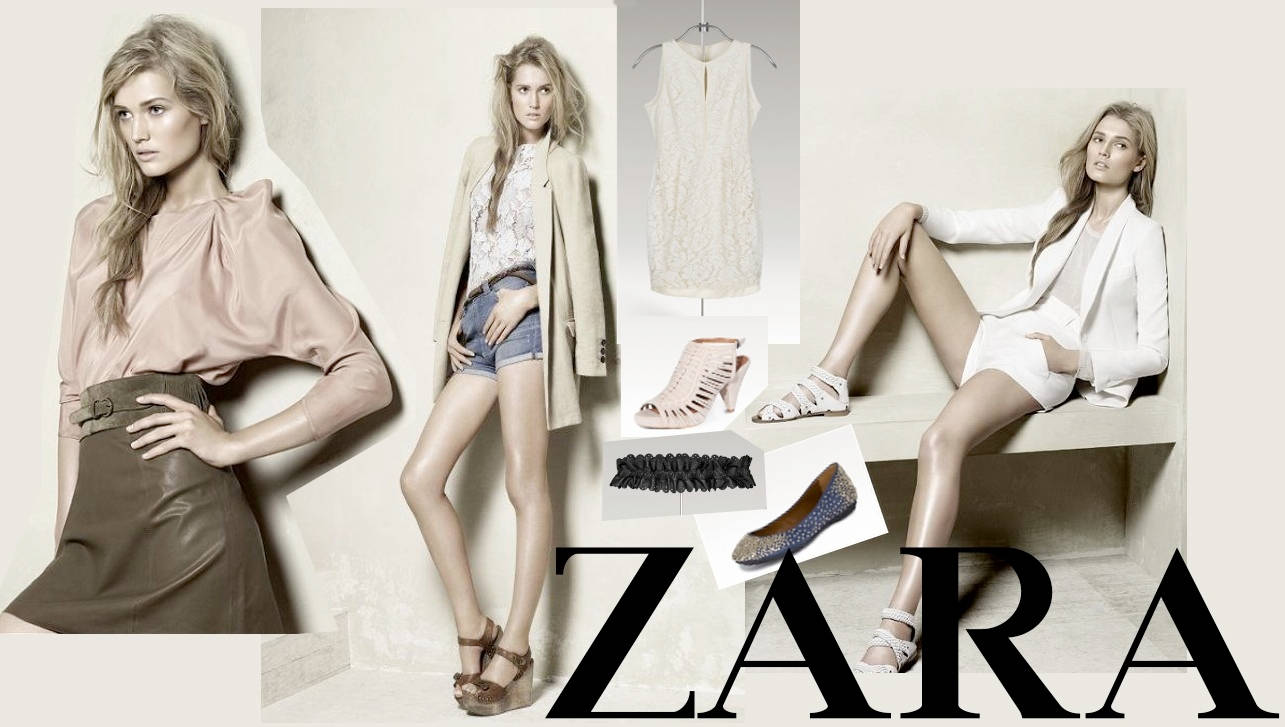 Zara 桌布 壁紙 — 時尚拼貼畫，模特兒穿著米色和白色服裝搭配配飾，背景為簡約工作室。