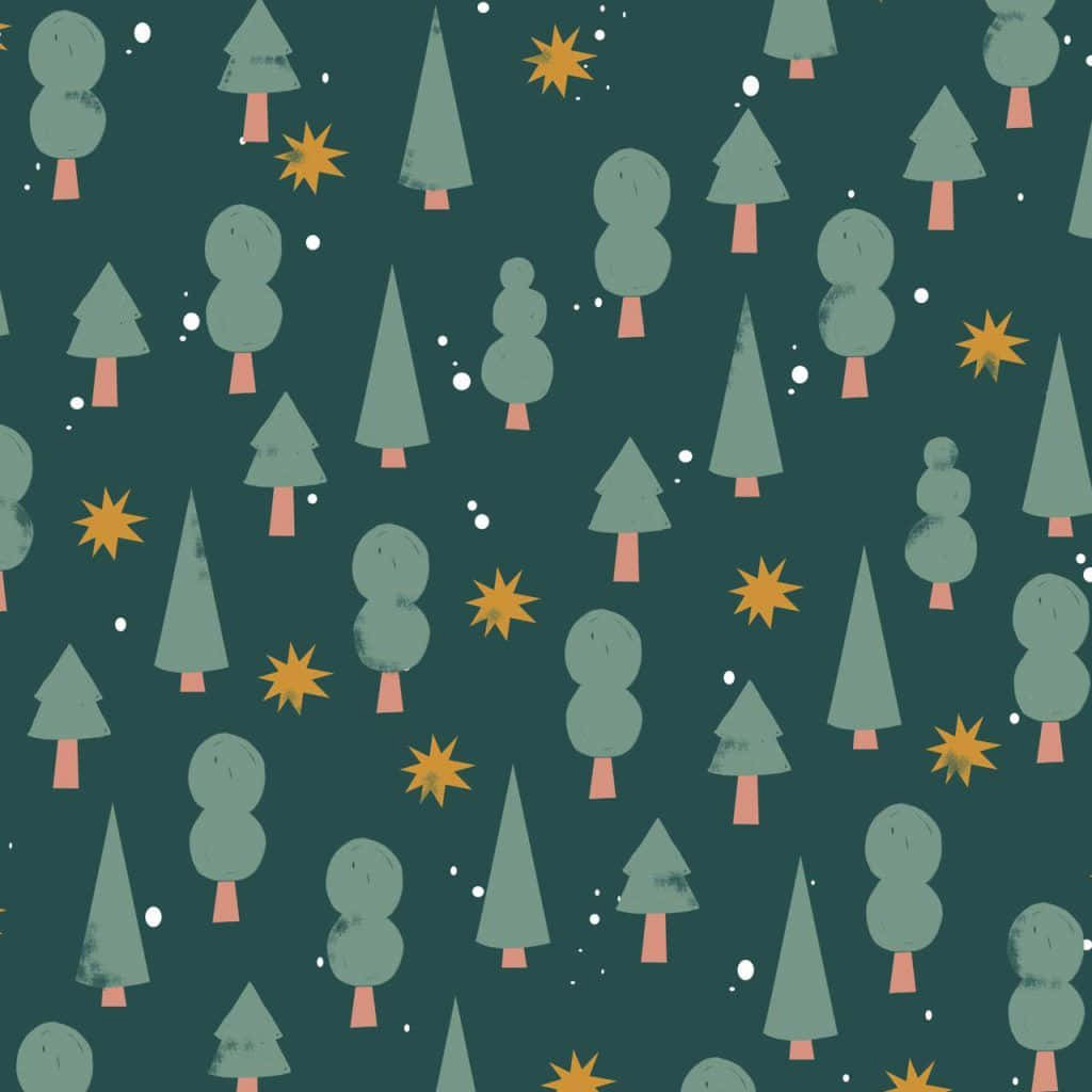 Christmas Pattern 桌布 壁紙 — 時尚插畫森林圖案，深青綠色背景上點綴著綠色樹木、粉紅色樹幹和金色星星。