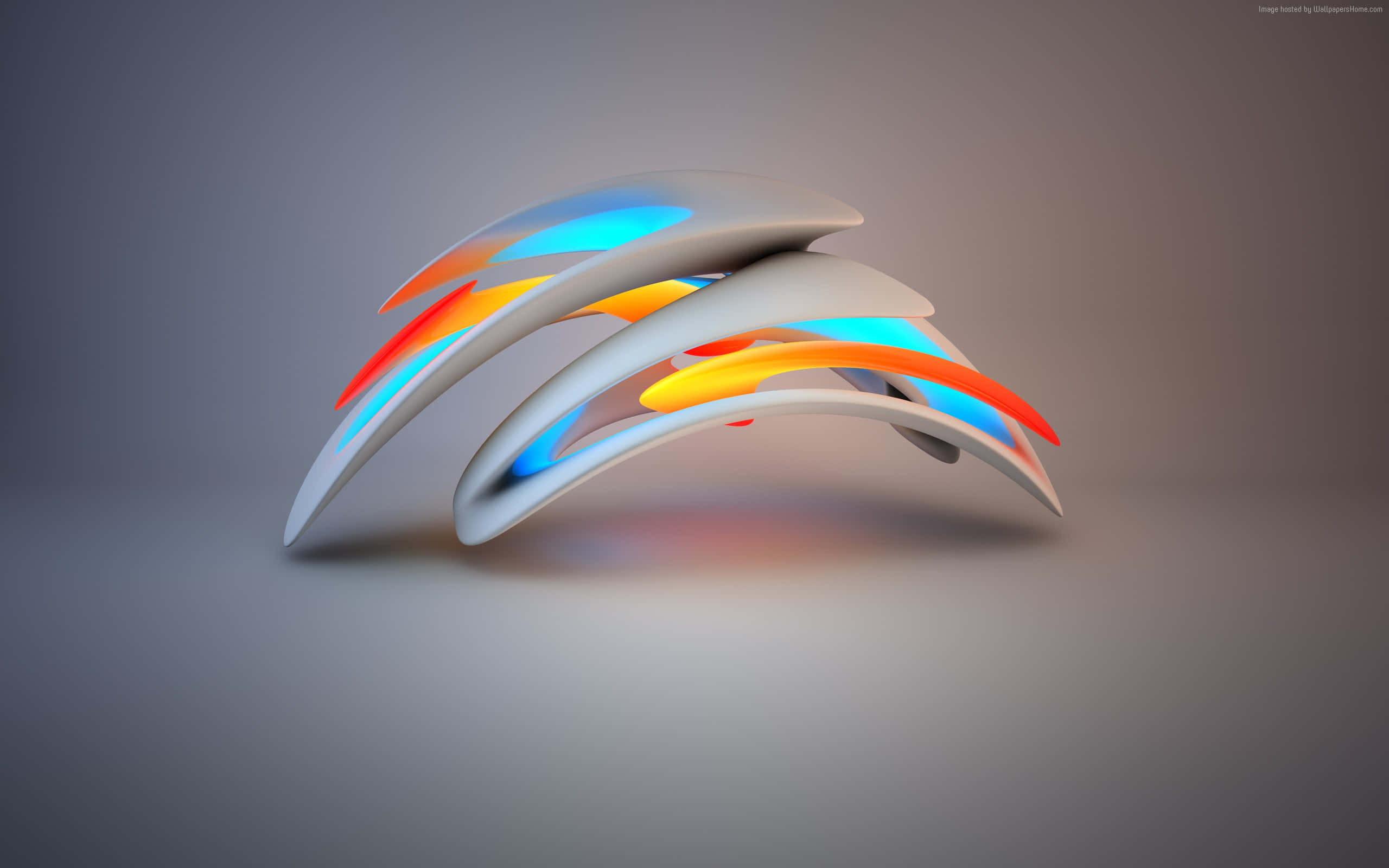 3d Abstract 桌布 壁紙 — 時尚未來主義抽象雕塑，帶有發光的藍色、橙色和黃色曲線，背景為柔和的灰色工作室。