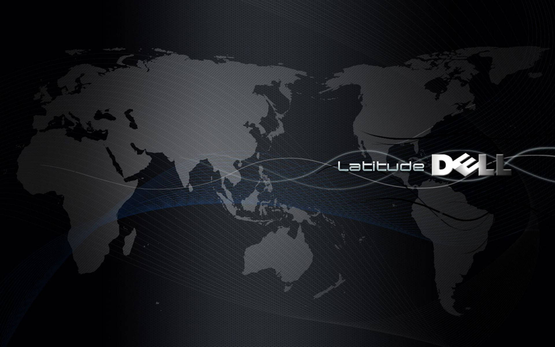 Dell 桌布 壁紙 — 時尚深灰色世界地圖桌布，帶有發光藍色線條和Dell Latitude品牌標誌。