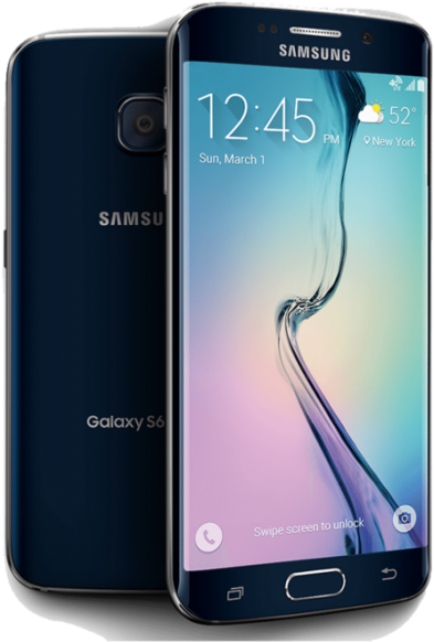 Edge 桌布 壁紙 — 時尚深藍色 Samsung Galaxy S6 智慧型手機，前後展示，配備弧形玻璃設計和充滿活力的漸變壁紙。