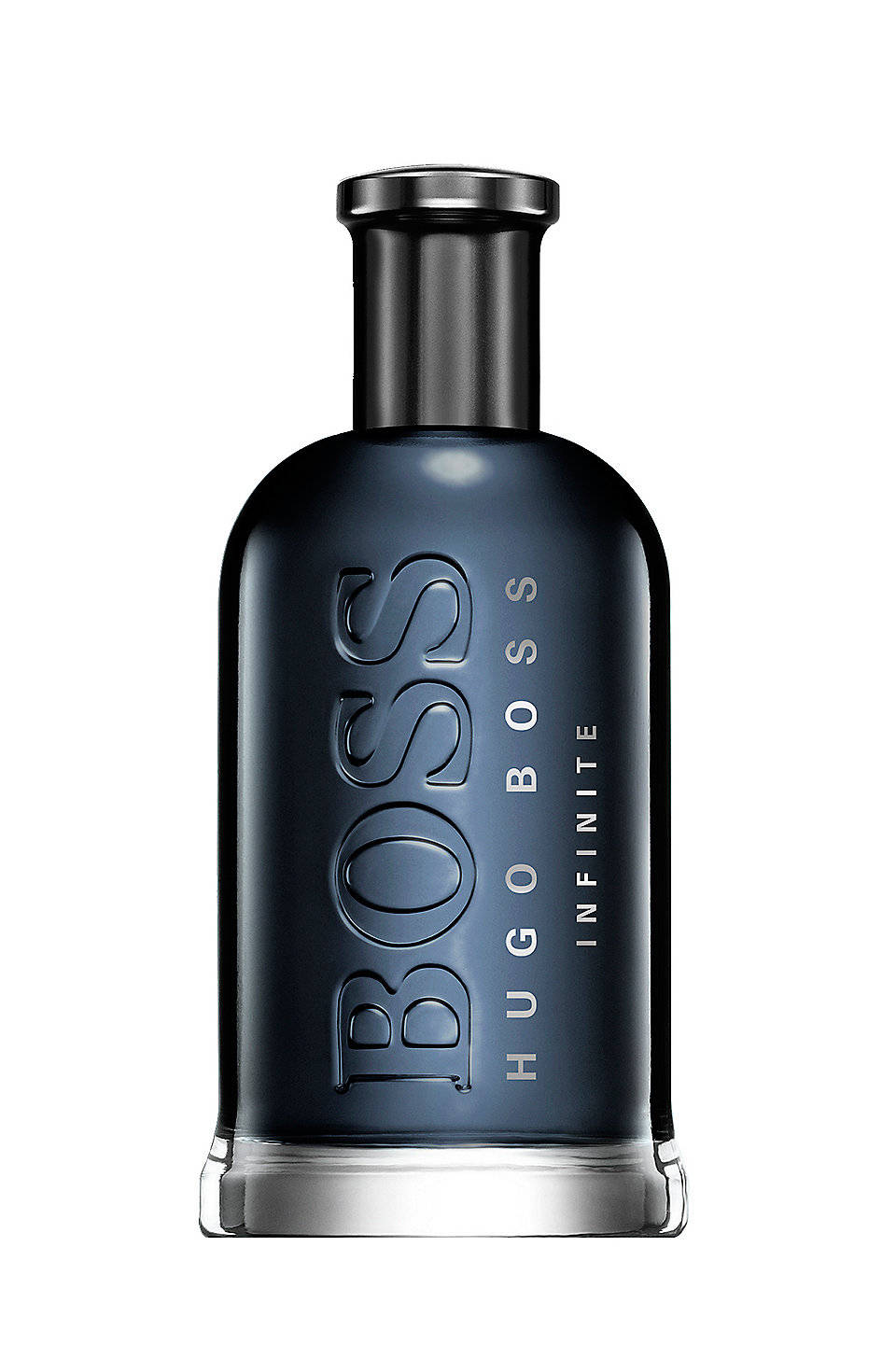 品牌 桌布 壁紙 — 時尚深藍色Hugo Boss Infinite香水瓶，銀色瓶蓋，壓印品牌標誌，襯托在純白背景上。