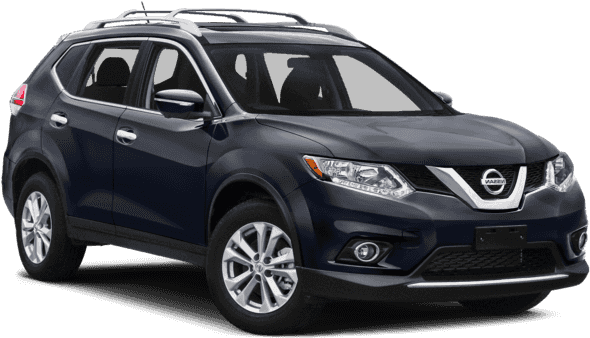 日產 桌布 壁紙 — 時尚深藍色日產Rogue SUV，配備車頂行李架和銀色合金輪圈，在工作室燈光下展示。