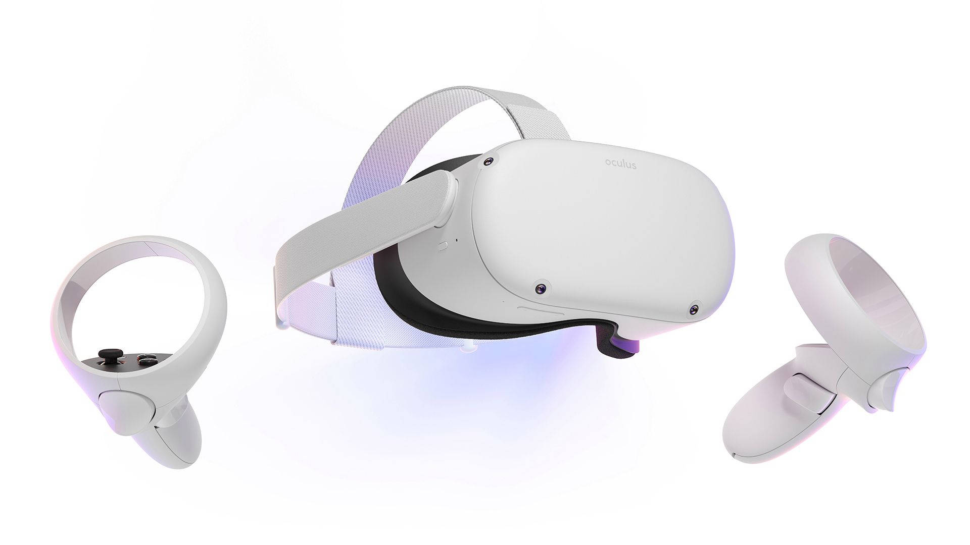 Quest 桌布 壁紙 — 時尚白色Oculus VR頭戴式裝置，帶有發光藍色點綴和兩個匹配的控制器，背景為純白色。