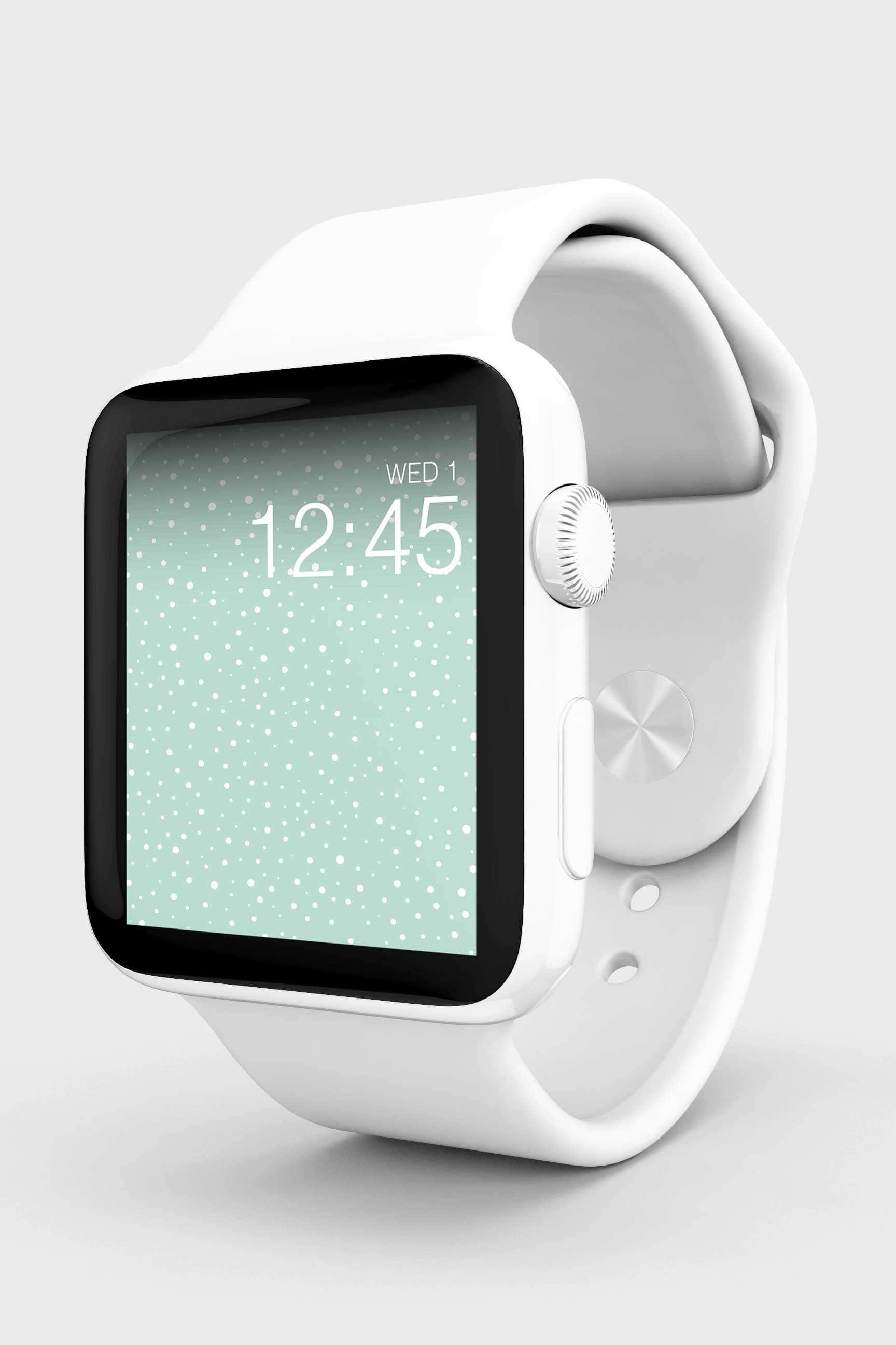 Apple Watch 動態 桌布 壁紙 — 時尚白色智慧手錶，配以薄荷綠色圓點螢幕，在極簡灰色背景上顯示12:45。