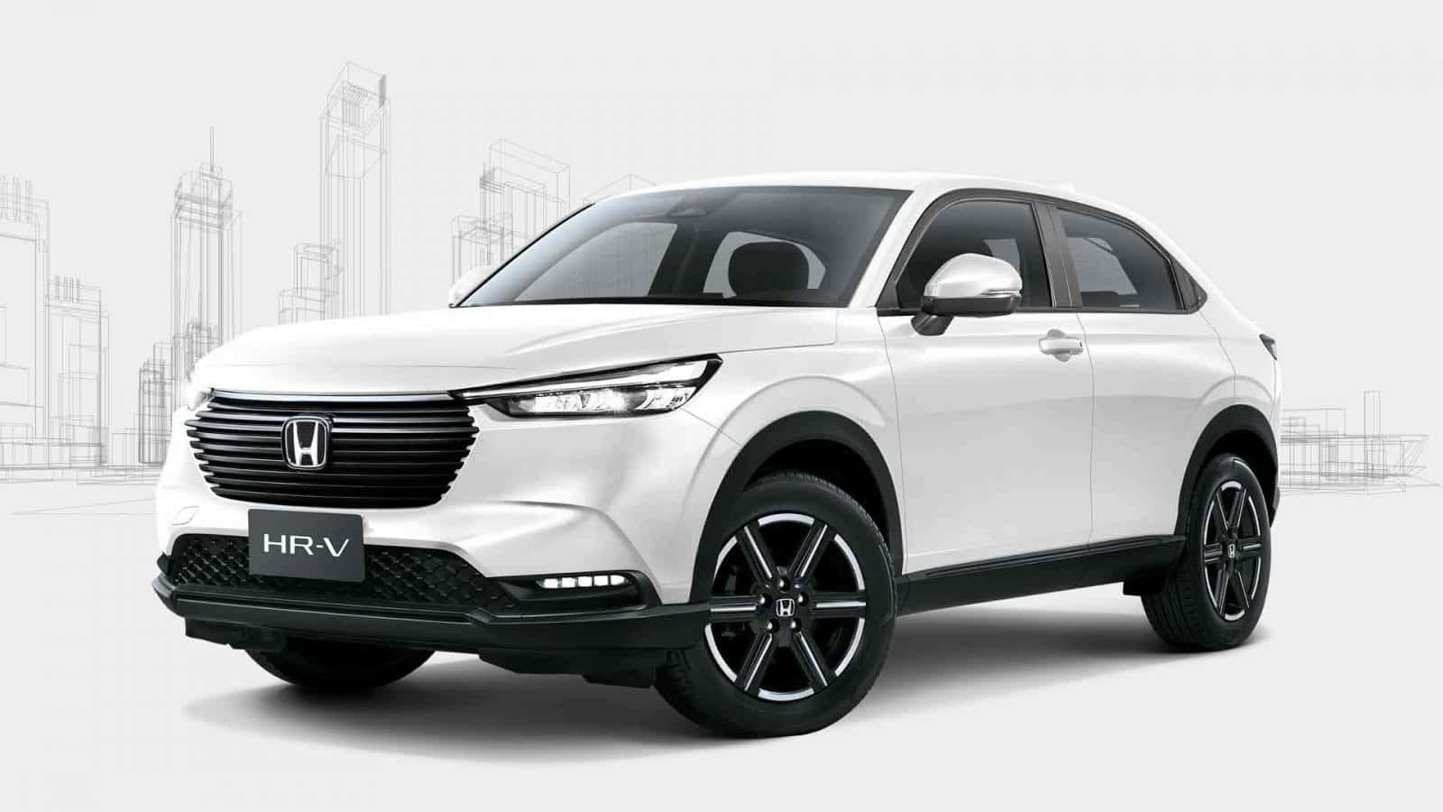 Honda Hr-v 桌布 壁紙 — 時尚白色本田 HR-V SUV 在極簡背景中展示，帶有淡淡的建築草圖。