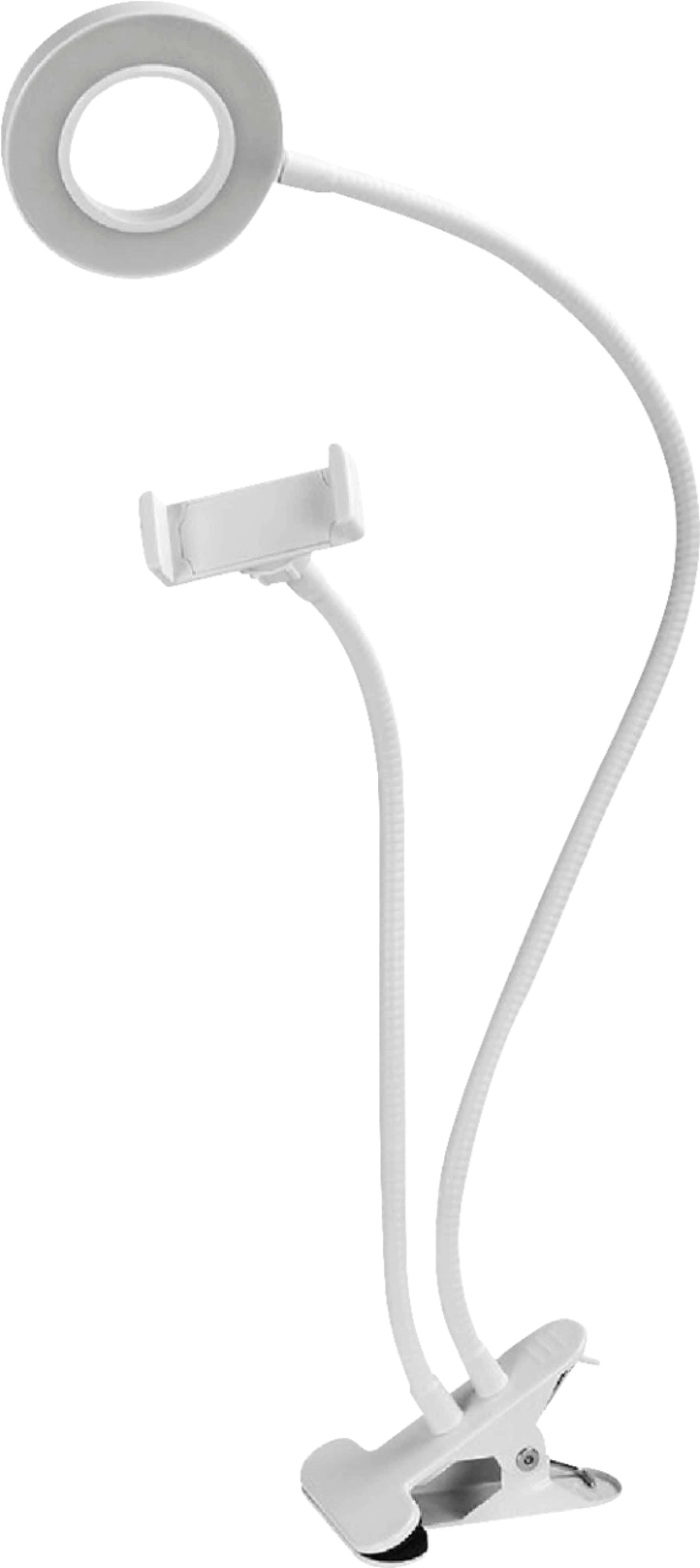 Ring Light 桌布 壁紙 — 時尚白色靈活檯燈，帶圓形燈頭和手機支架，置於潔白背景上。