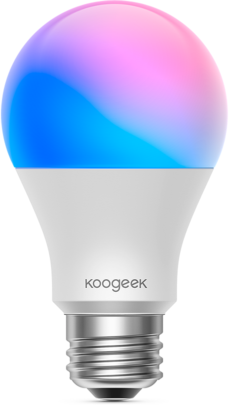 LED 桌布 壁紙 — 時尚的 koogeek 智能燈泡在潔白的背景下發出藍色和粉紅色的鮮豔漸變光。