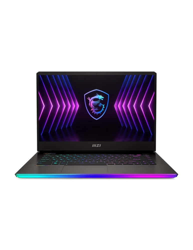 微星 桌布 壁紙 — 時尚的 MSI 遊戲筆記型電腦，配備鮮豔的 RGB 燈光和顯示龍標誌的動態紫藍色螢幕。