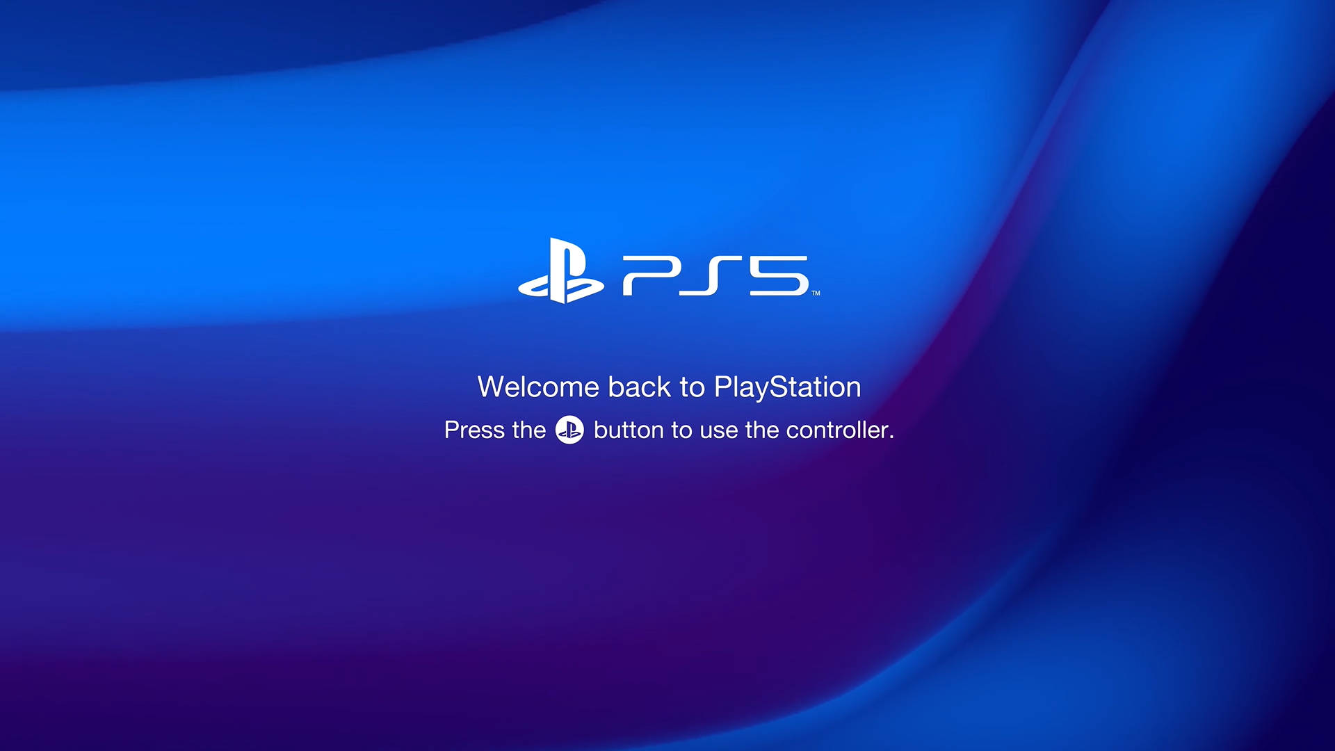 PS5 動態圖片 桌布 壁紙 — 時尚的 PlayStation 5 歡迎畫面，帶有發光的藍色和紫色漸層以及清晰的白色文字。
