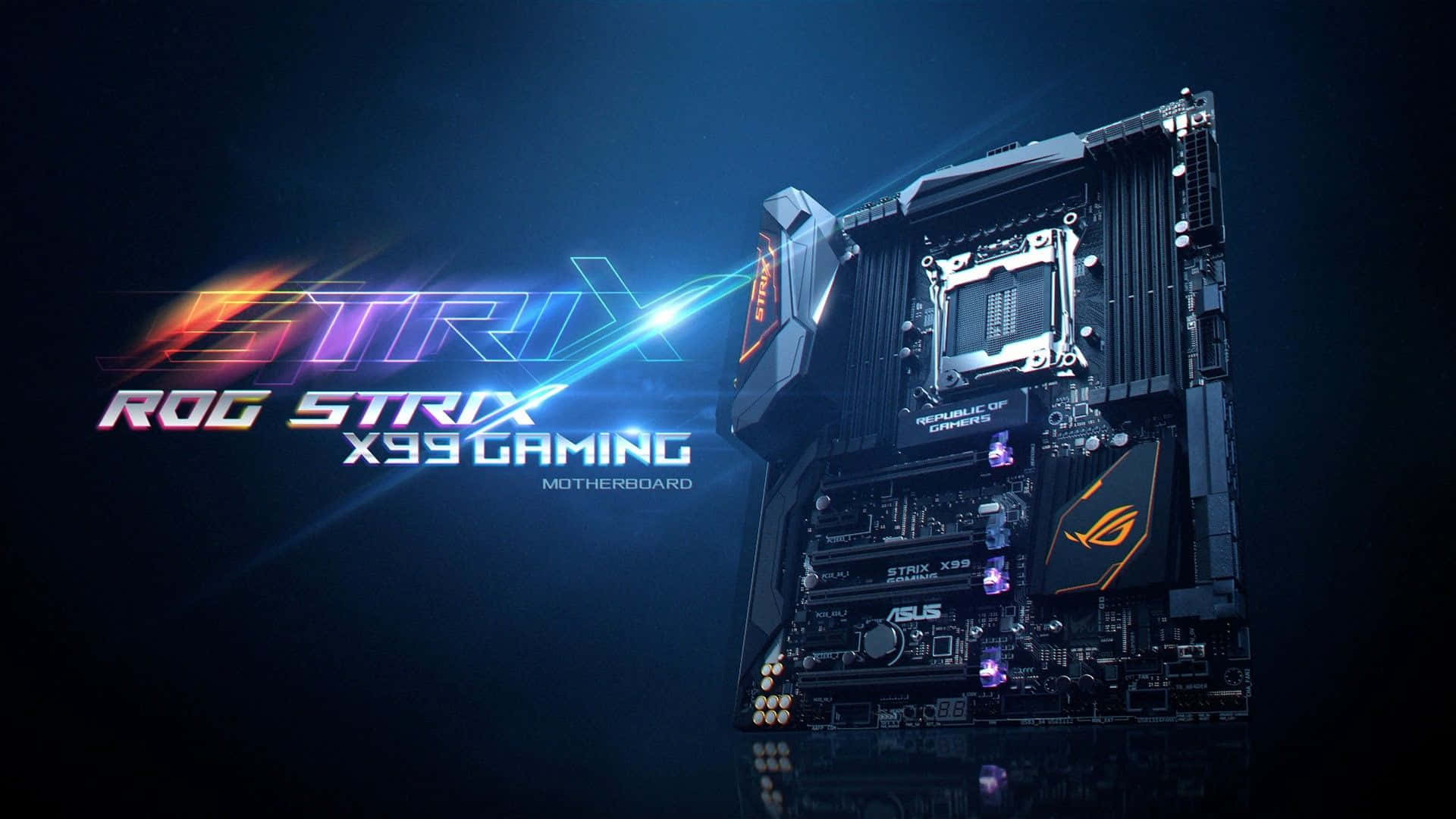 華碩 ROG 桌布 壁紙 — 時尚的 ROG Strix X99 遊戲主機板在黑暗背景下散發出鮮豔的霓虹燈光。