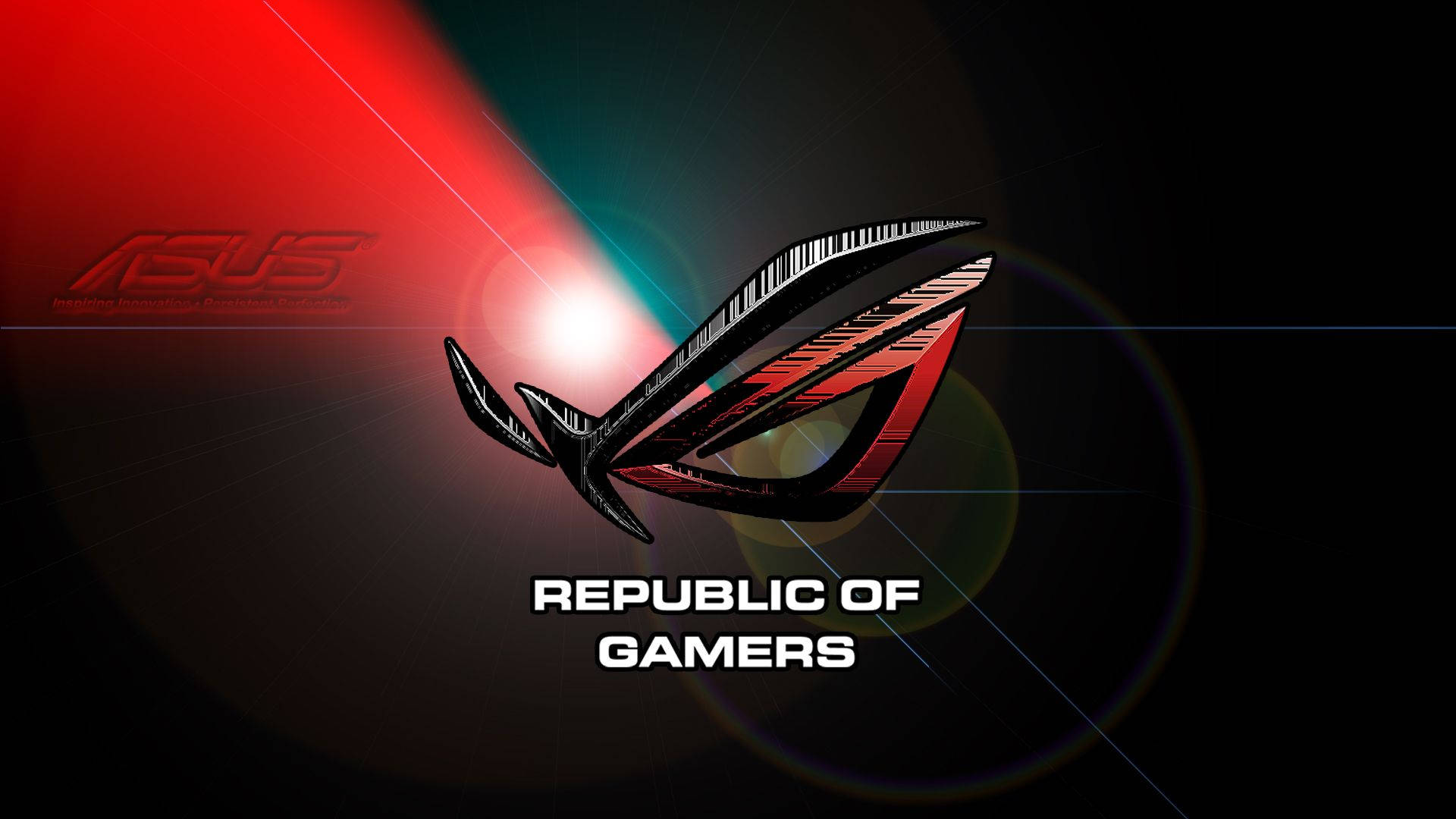 華碩 ROG 桌布 壁紙 — 時尚的 ROG 標誌在黑暗背景上發出紅色和藍綠色的光芒，帶有鏡頭光暈效果。