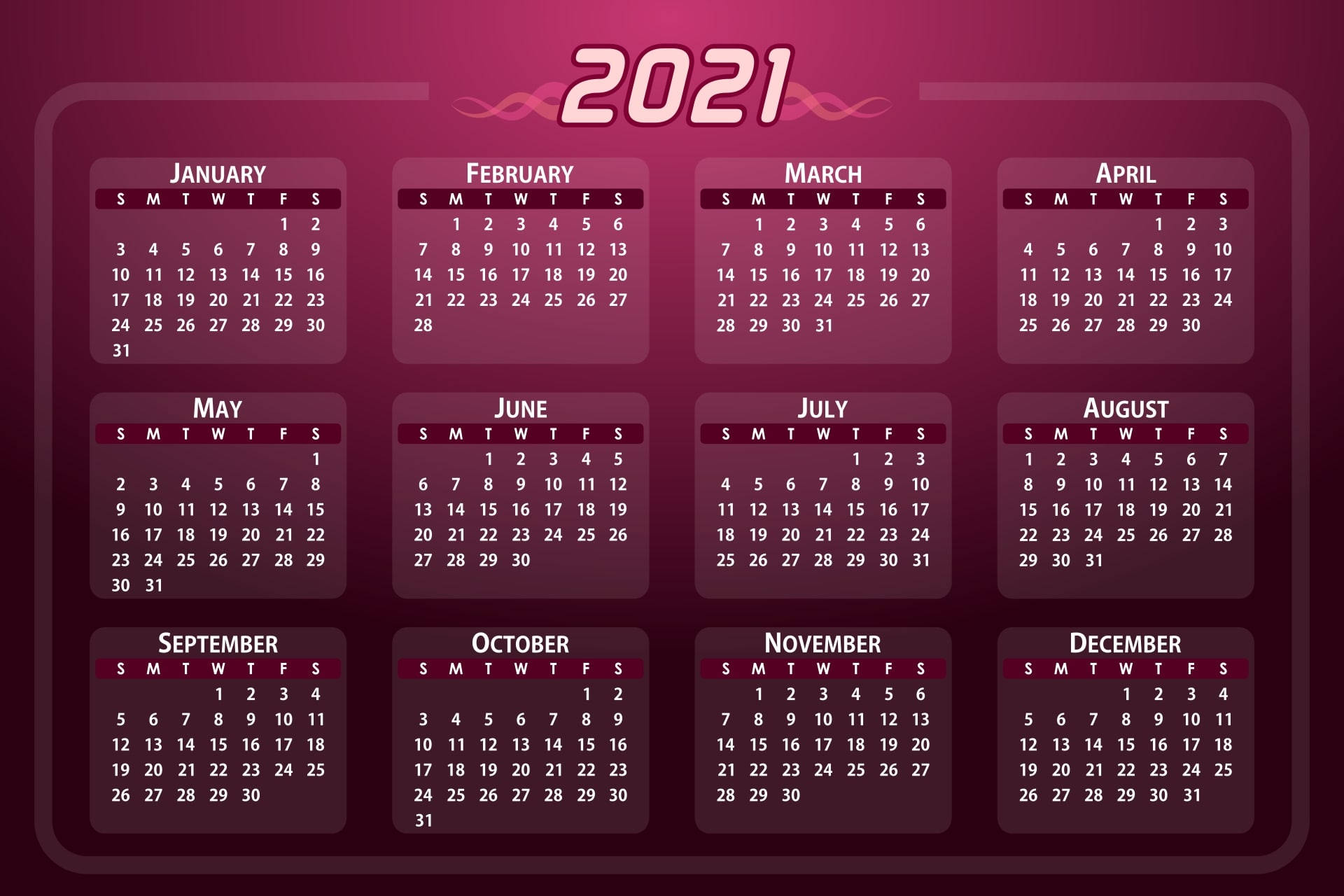 Calendar 桌布 壁紙 — 時尚的2021年月曆，採用栗色漸變背景，白色文字排列成十二個月份面板的網格。