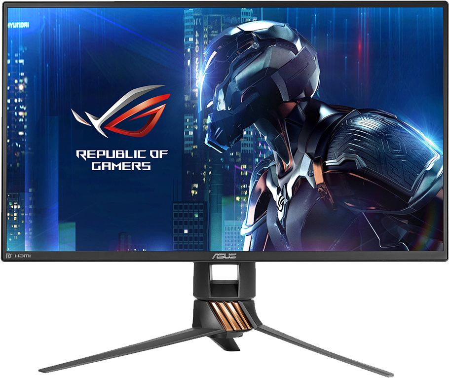 Monitor 桌布 壁紙 — 時尚的ASUS ROG遊戲顯示器在夜間霓虹燈城市景觀中展示未來派裝甲戰士。