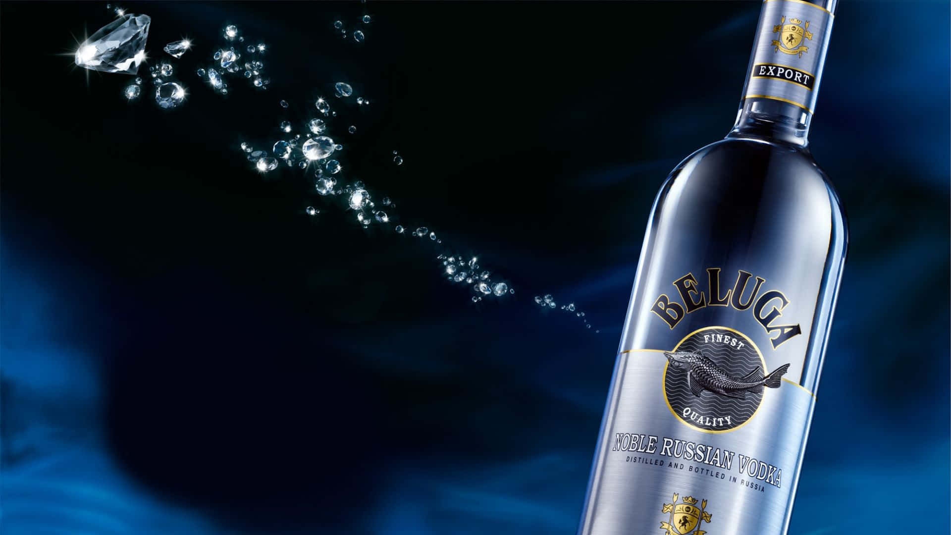 alcohol 桌布 壁紙 — 時尚的Beluga Noble Russian Vodka酒瓶在深藍色背景上閃耀，伴隨著閃爍的氣泡和鑽石痕跡。