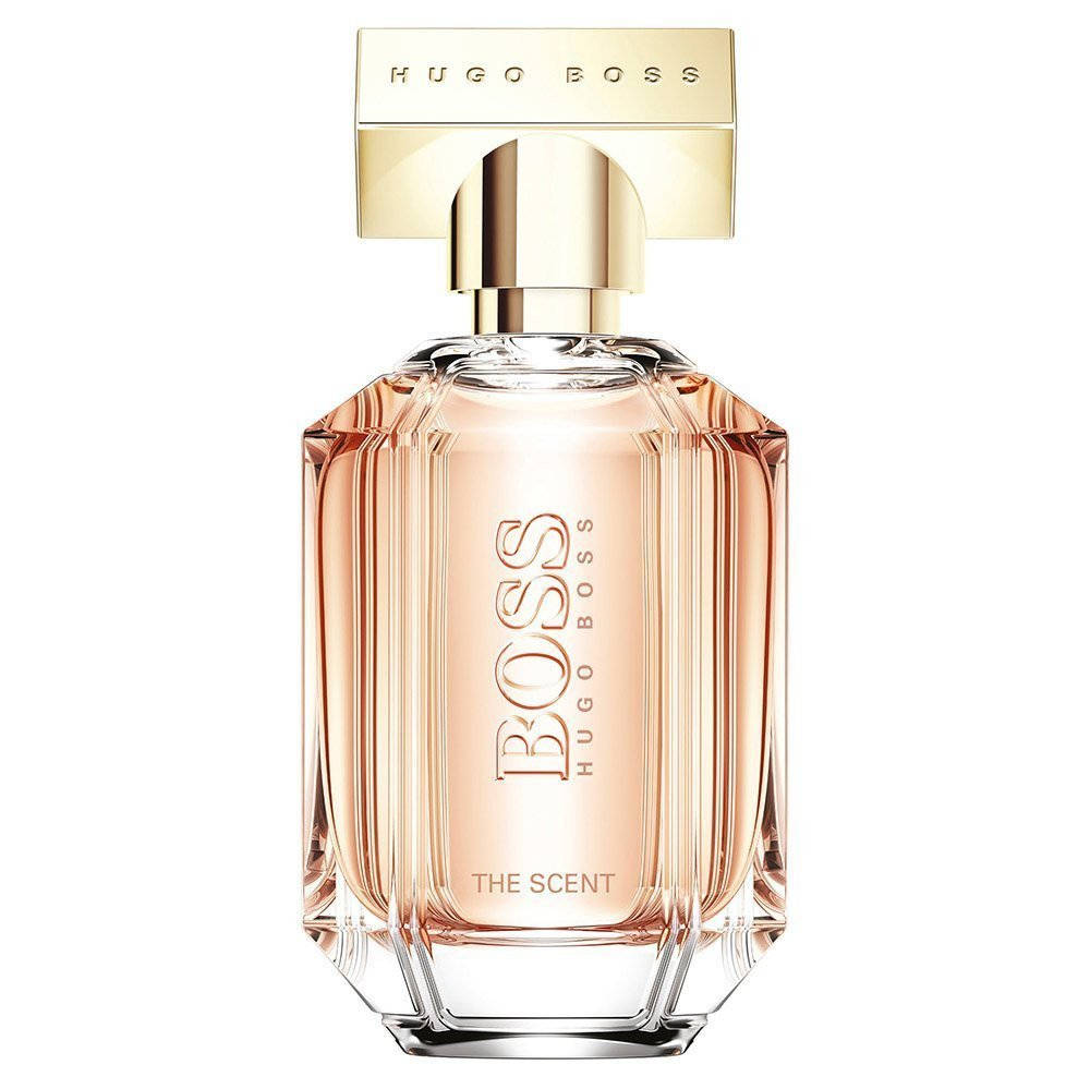 品牌 桌布 壁紙 — 時尚的Hugo Boss香水瓶，帶有玫瑰金蓋和刻面玻璃，內裝粉紅色液體。