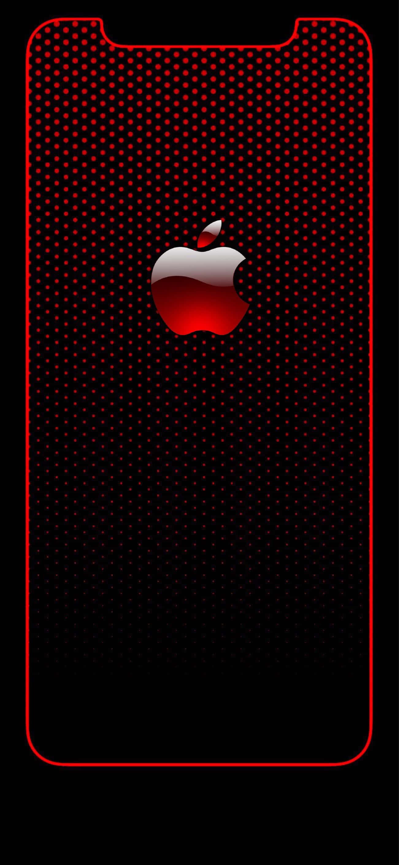 iPhone X Apple Logo 桌布 壁紙 — 時尚的iPhone螢幕，中央有一個發光的紅色Apple標誌，背景為黑色穿孔。