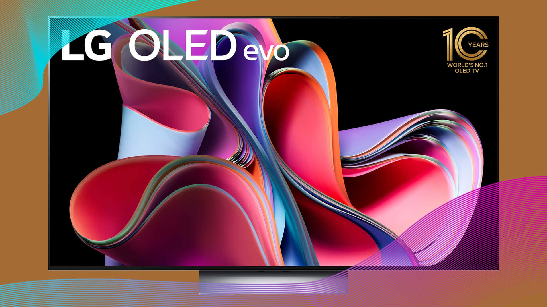 科技動圖 桌布 壁紙 — 時尚的LG OLED evo電視在黑色螢幕上顯示出紅色、紫色和藍色的鮮豔抽象漩渦。