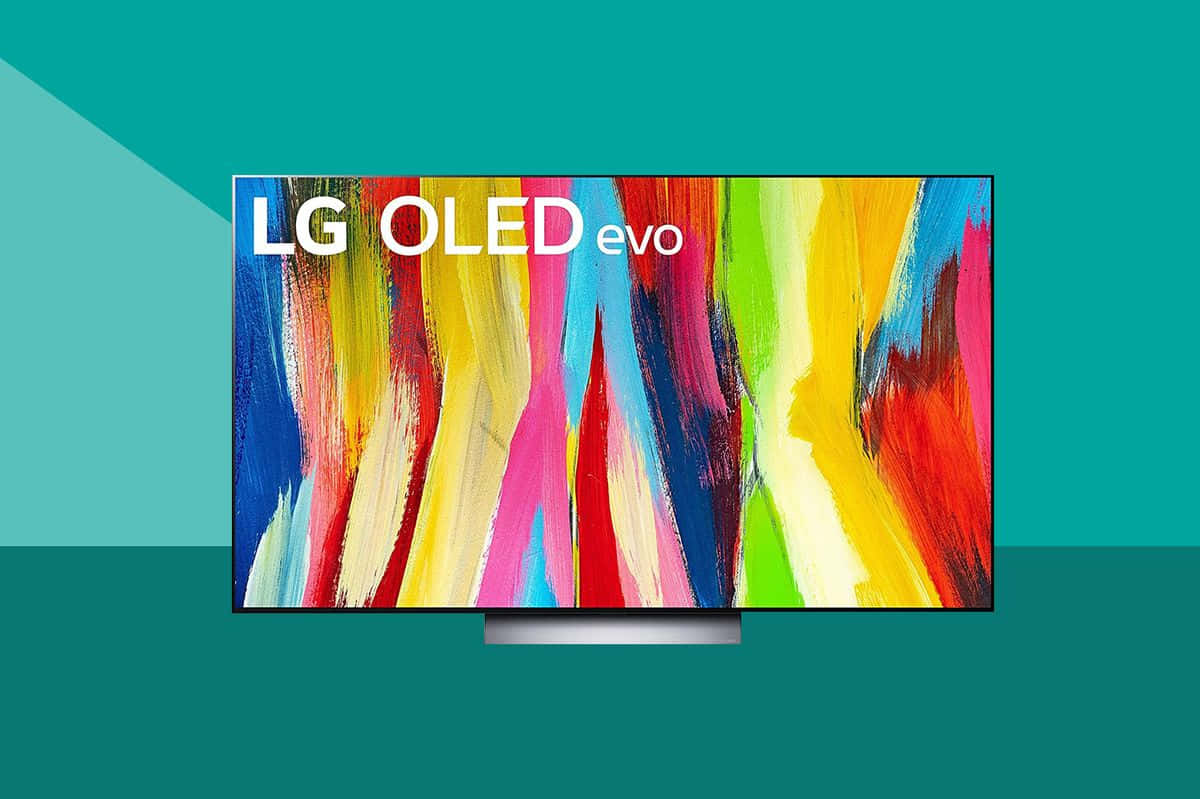 科技動圖 桌布 壁紙 — 時尚的LG OLED evo電視在青綠色幾何背景上顯示鮮豔的抽象筆觸。