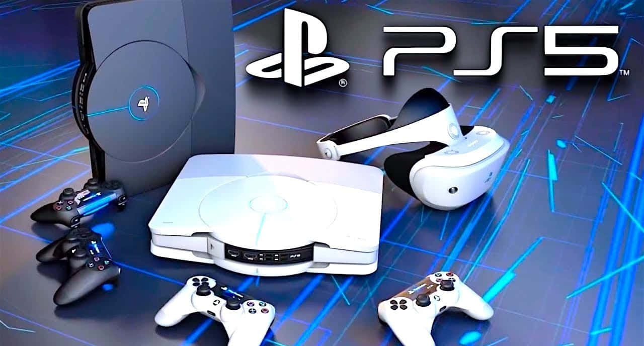 PS5 動態圖片 桌布 壁紙 — 時尚的PlayStation 5主機及配件在未來感數位網格背景上發出藍光。