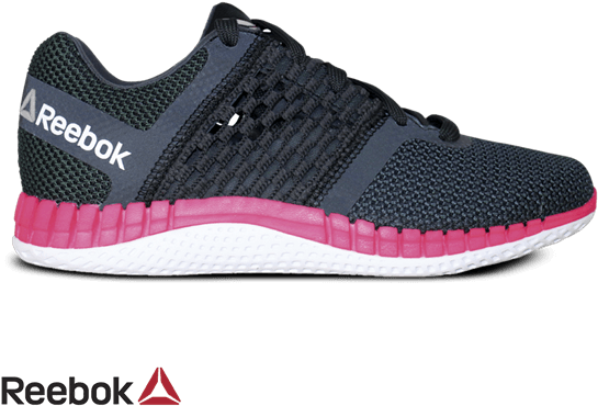 銳步 桌布 壁紙 — 時尚的Reebok健身鞋，深色網眼鞋面，充滿活力的粉紅色中底和白色外底，在黑色背景上隔離。