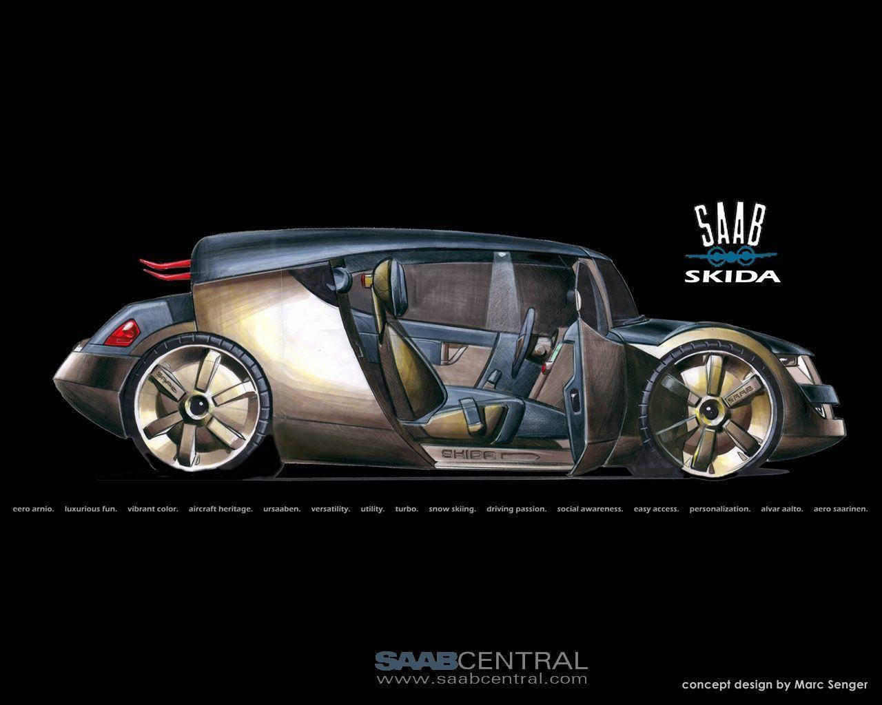 Saab 桌布 壁紙 — 時尚的Saab Skida概念車，打開車門，在黑色背景下展現豪華內飾。