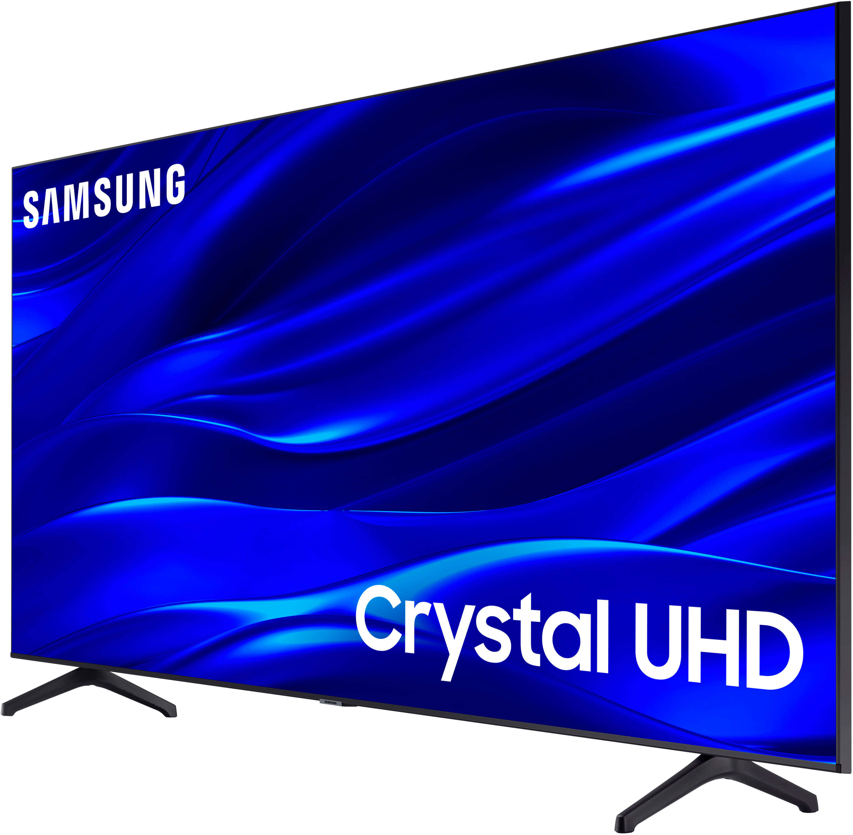 三星 桌布 壁紙 — 時尚的Samsung Crystal UHD電視顯示出充滿活力的藍色抽象波浪圖案，帶有發光的高光。