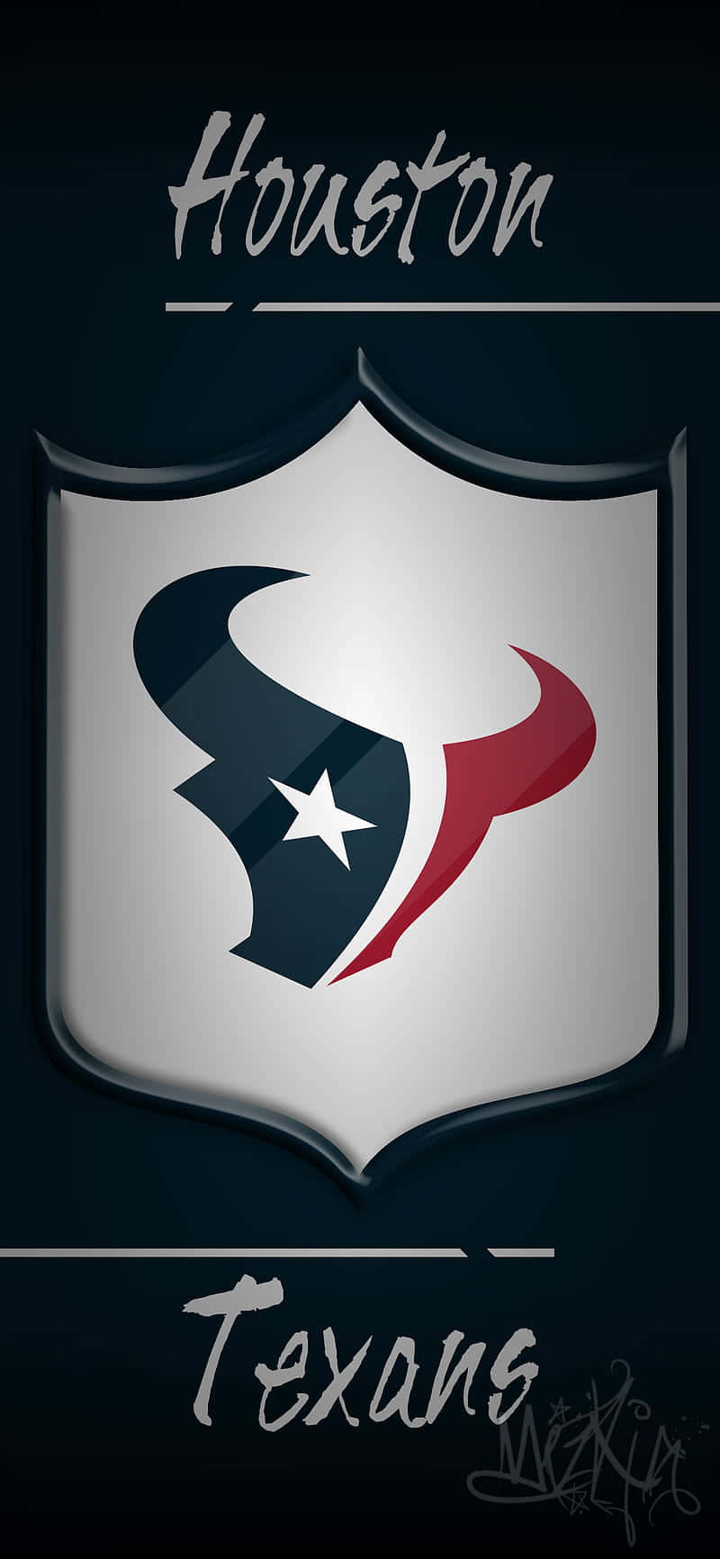 Houston Texans Logo 桌布 壁紙 — 時尚的休士頓德州人隊標誌盾牌，帶有星星和公牛角，背景為深色。