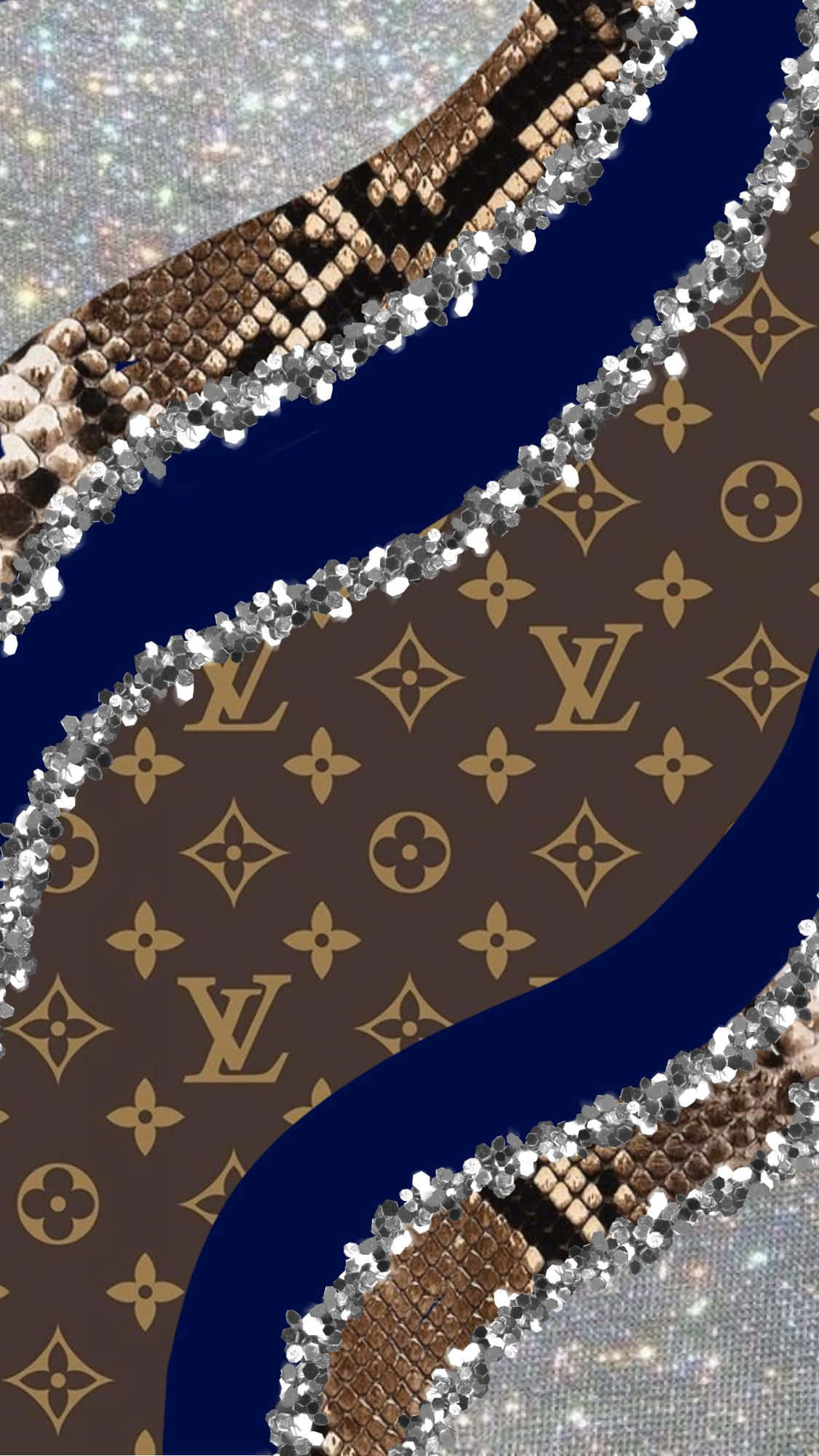 louis vuitton phone 桌布 壁紙 — 時尚的棕色 Louis Vuitton 字母圖案和蛇皮紋理，搭配閃爍的銀色亮片，在深藍色背景上流動。