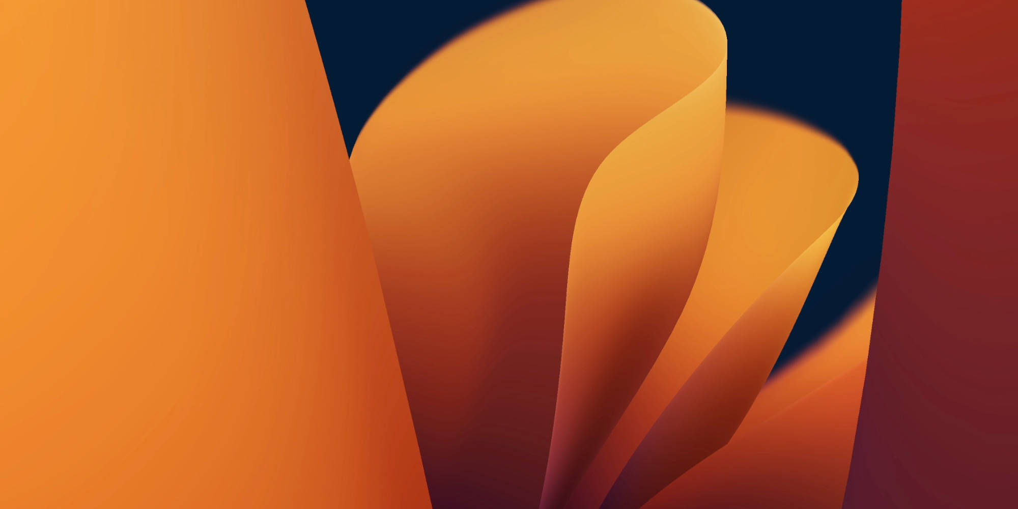 Flower Desktop 桌布 壁紙 — 時尚的橙色和紅色抽象曲線在深海軍藍背景下流動，形成極簡主義的數位藝術作品。