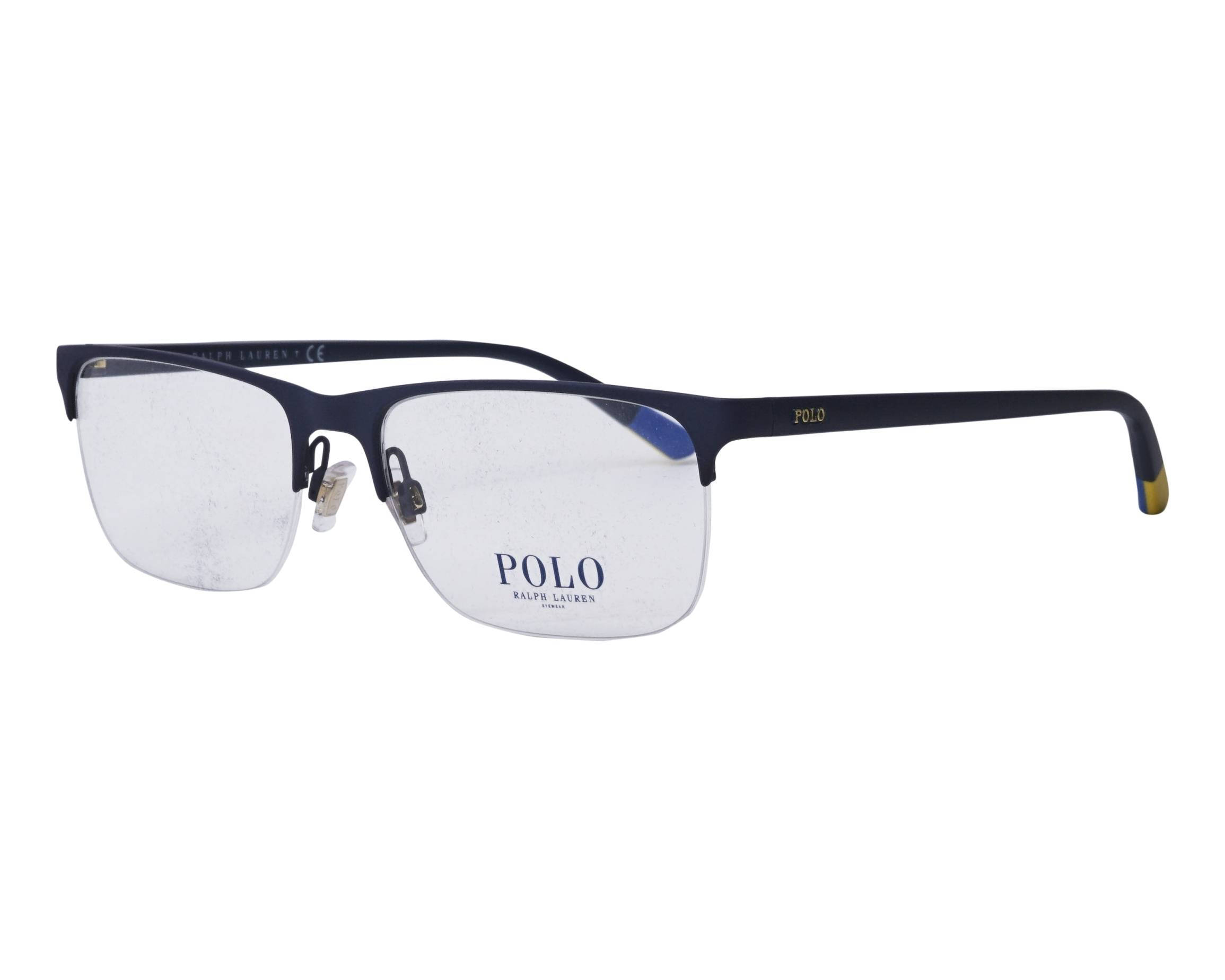 品牌 桌布 壁紙 — 時尚的深藍色Polo Ralph Lauren半無框眼鏡框，鏡腿帶金色點綴，背景為純白色。