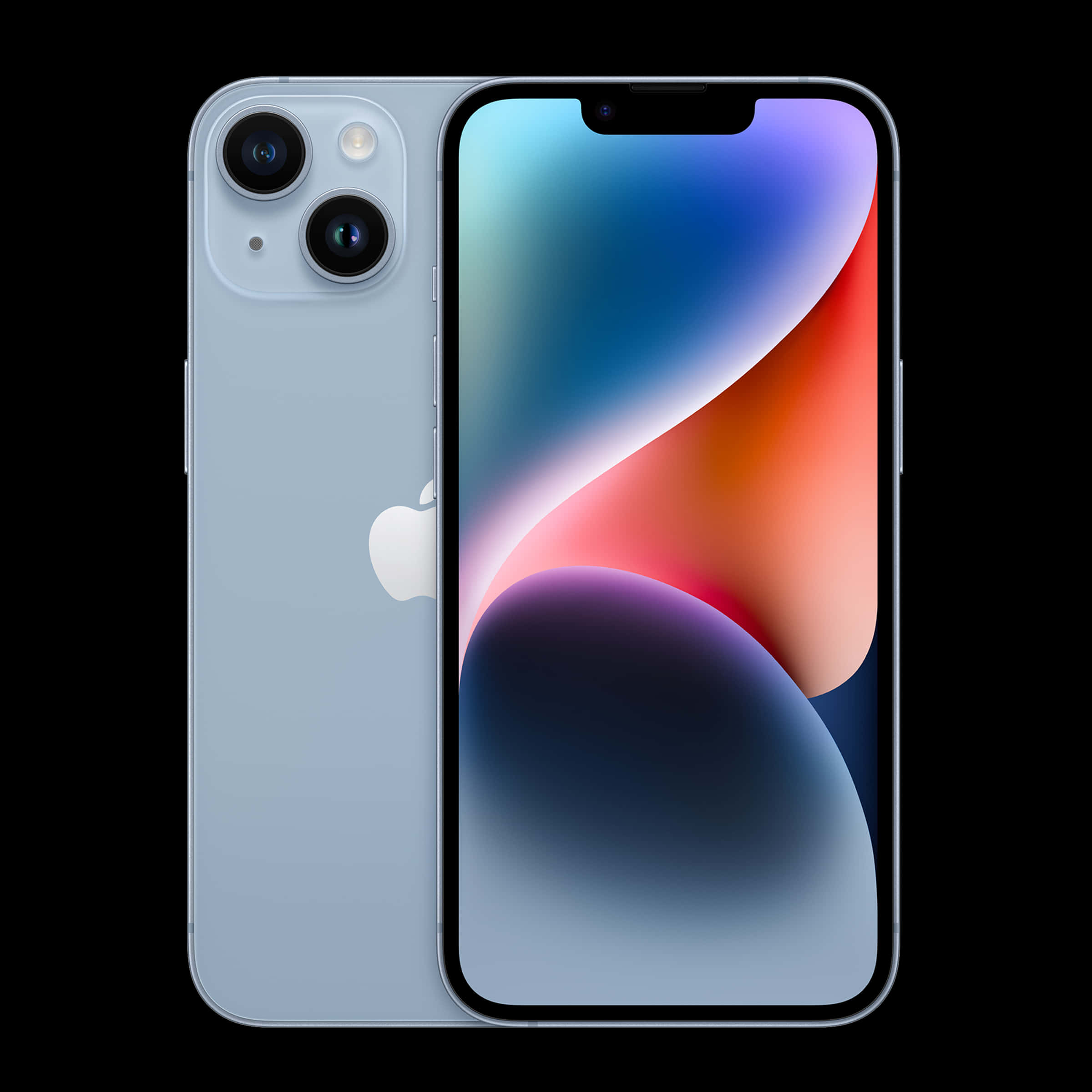 Apple Phone 桌布 壁紙 — 時尚的淺藍色 iPhone 14 在黑色背景前展示正面和背面，螢幕上顯示充滿活力的抽象桌布。
