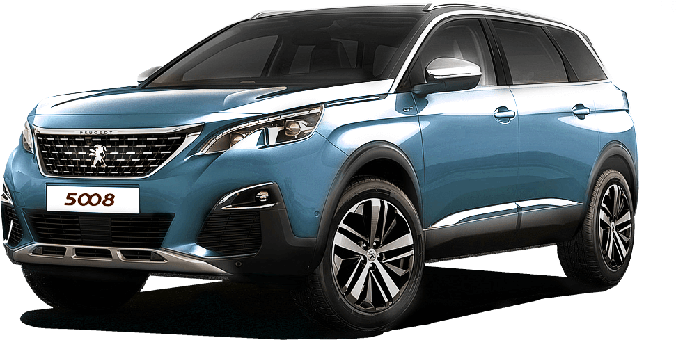 標緻 桌布 壁紙 — 時尚的淺藍色Peugeot 5008 SUV在黑色背景的攝影棚照片中展示，帶有反光鍍鉻裝飾。