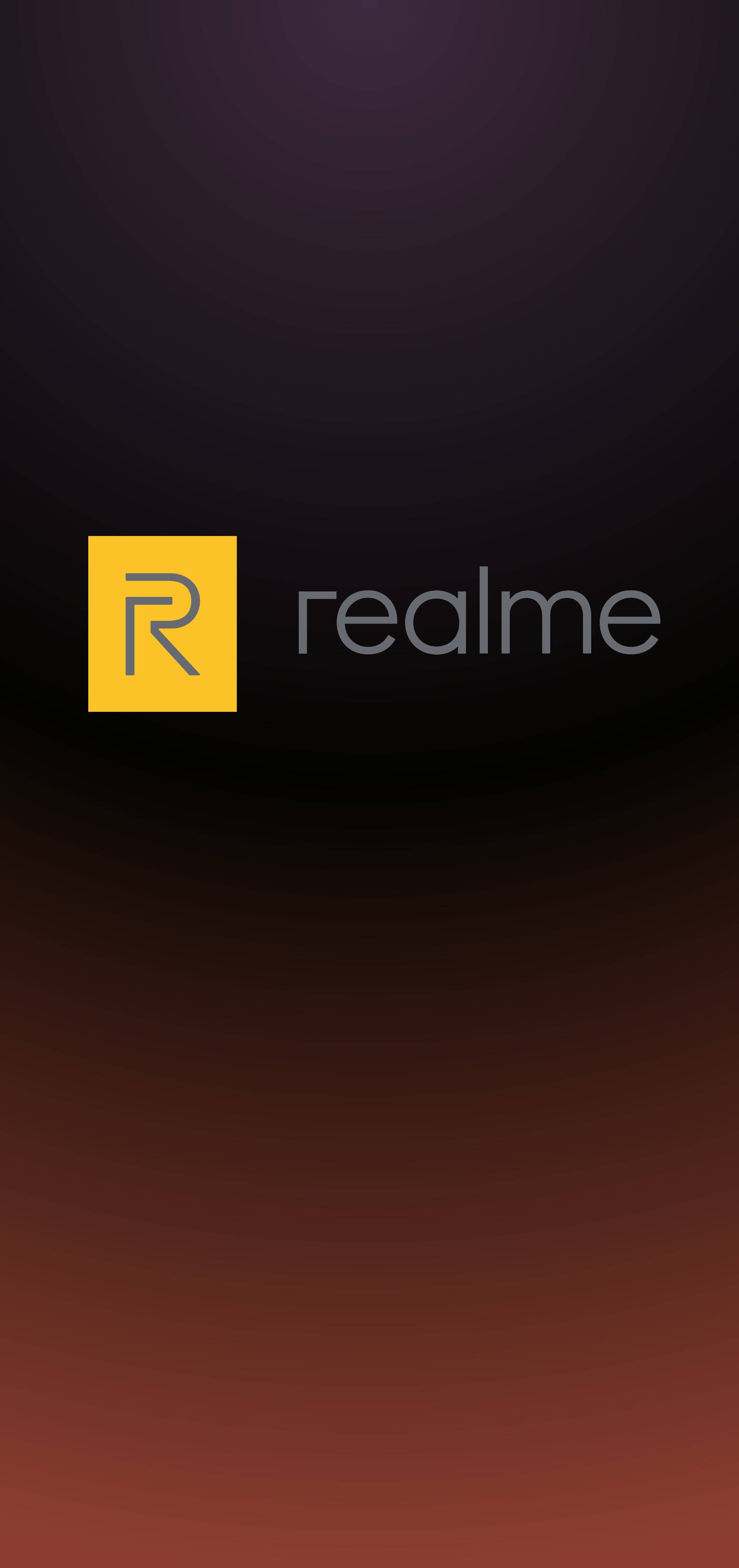 標誌 桌布 壁紙 — 時尚的漸層桌布，realme 標誌居中，背景從深紫色到深紅色。