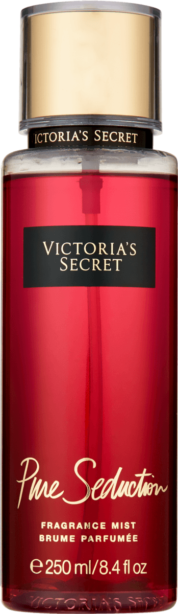 維多利亞的秘密 桌布 壁紙 — 時尚的紅色Victoria's Secret Pure Seduction香水噴霧瓶，配有金色瓶蓋和黑色標籤。