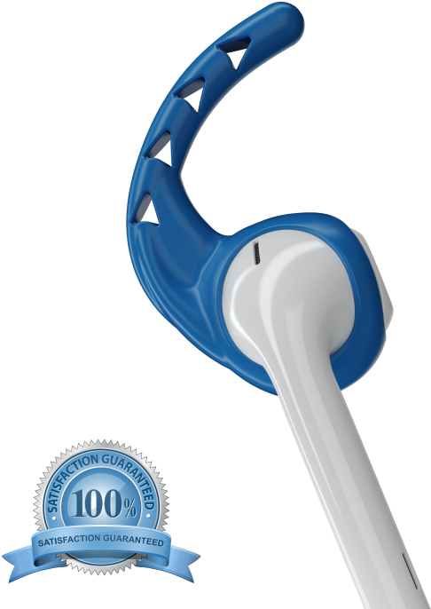AirPods 桌布 壁紙 — 時尚的藍白頭戴式耳機，帶有彎曲頭帶和滿意保證印章。