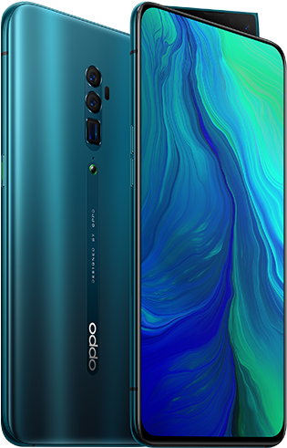 Oppo Mobile 桌布 壁紙 — 時尚的藍綠色OPPO智慧型手機，前後展示，帶有充滿活力的旋轉藍綠色螢幕桌布。