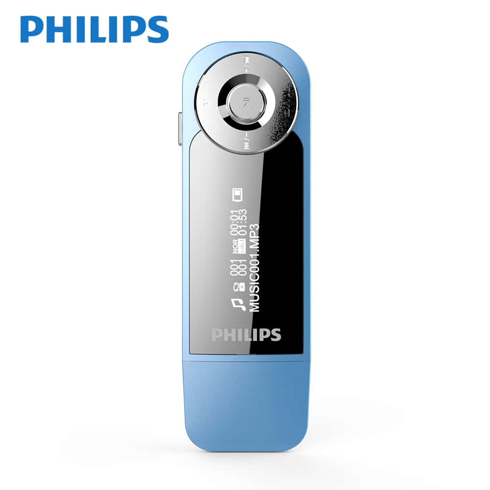 Music Player 桌布 壁紙 — 時尚的藍色Philips MP3播放器，配備圓形控制轉盤和數位顯示螢幕，在潔白背景上顯示曲目資訊。