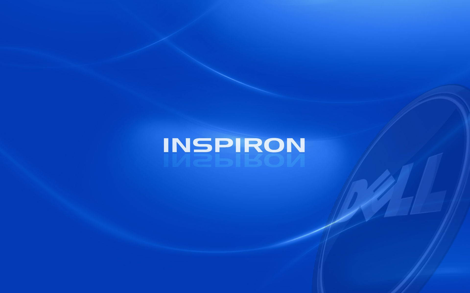 Dell 桌布 壁紙 — 時尚的藍色漸層桌布，帶有「INSPIRON」字樣和半透明的 Dell 標誌，伴隨流動的光線條紋。