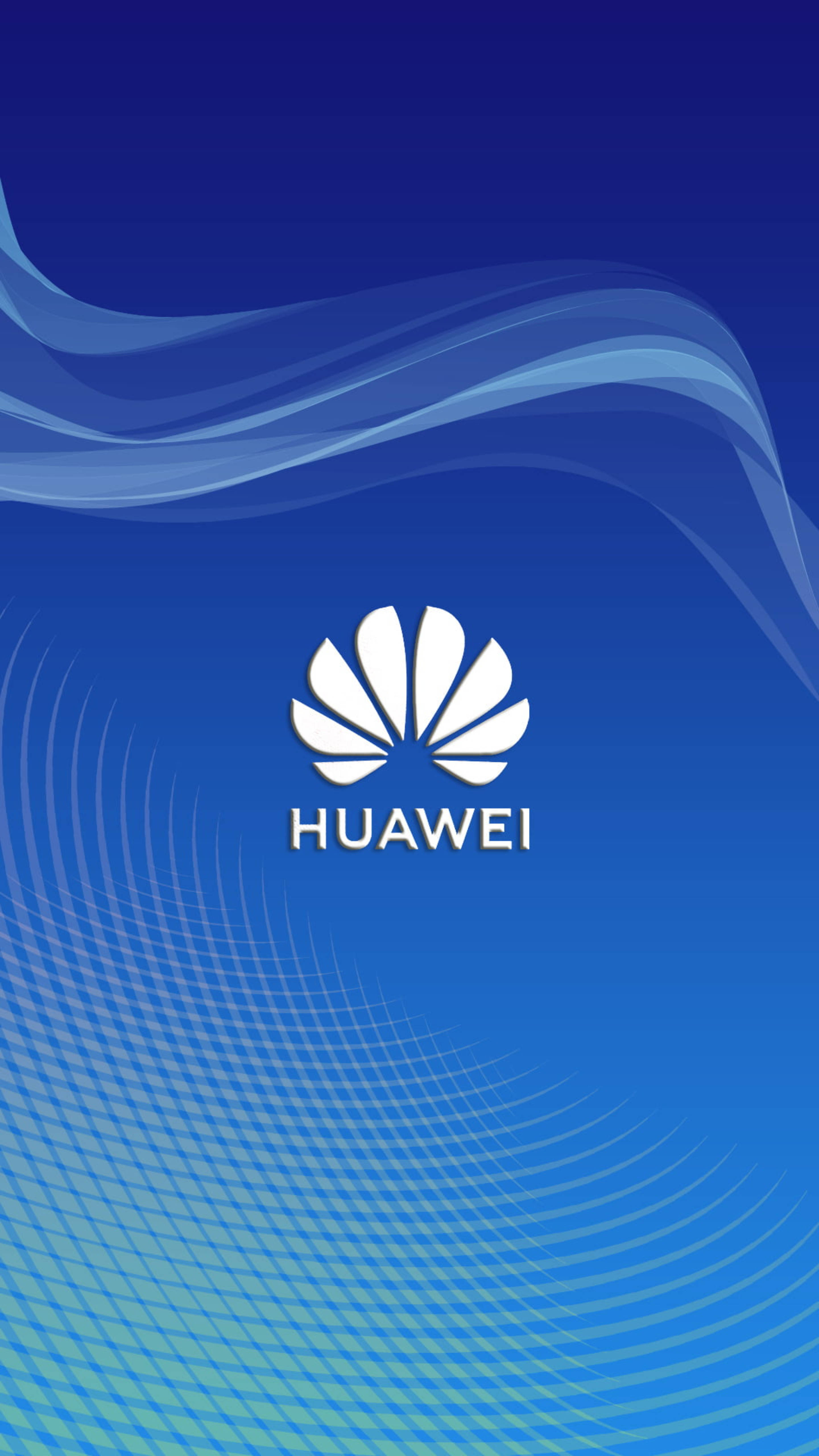 華為 桌布 壁紙 — 時尚的藍色漸層桌布，白色Huawei標誌居中，位於流動波浪圖案和彎曲網格線之上。