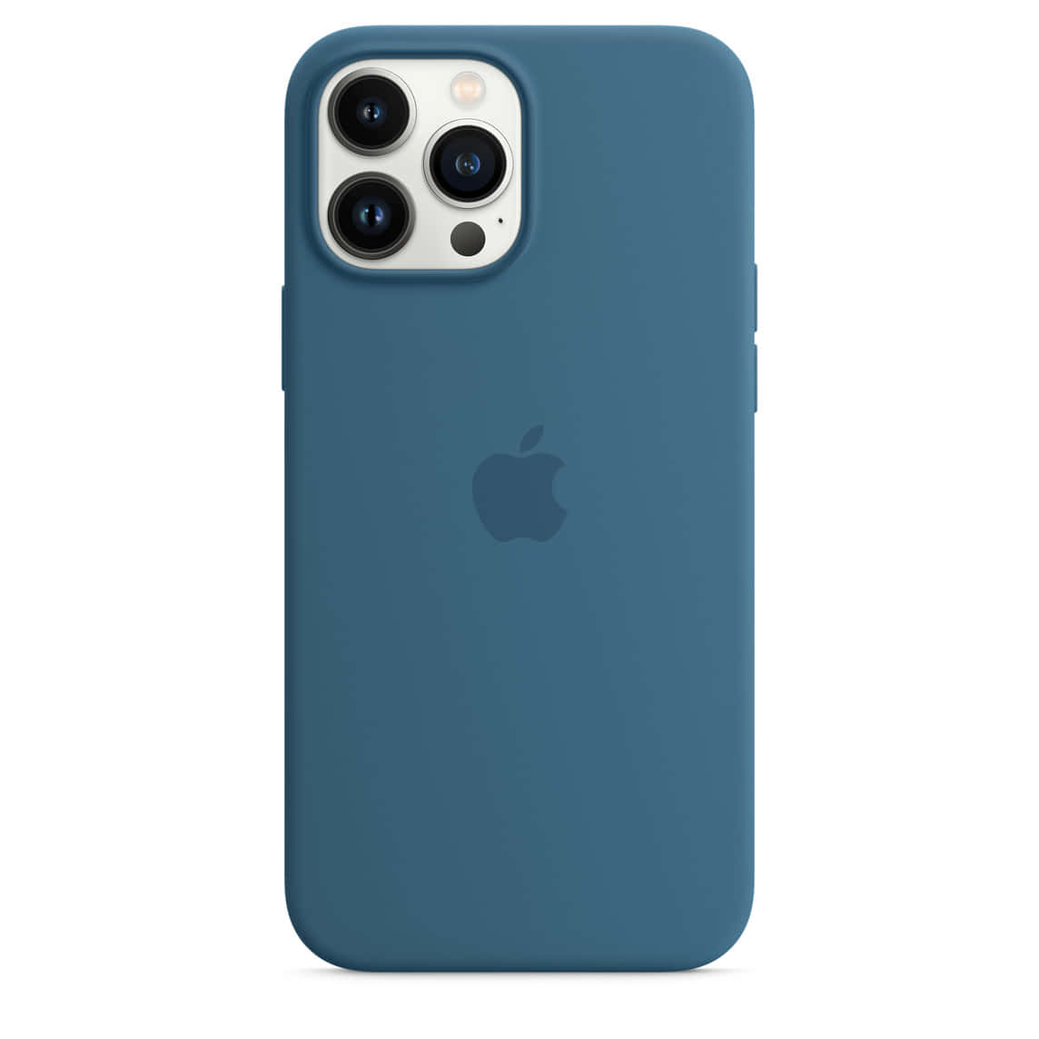 藍色矽膠iPhone保護殼，帶有Apple標誌和三個相機開孔。 — iPhone 14 壁紙