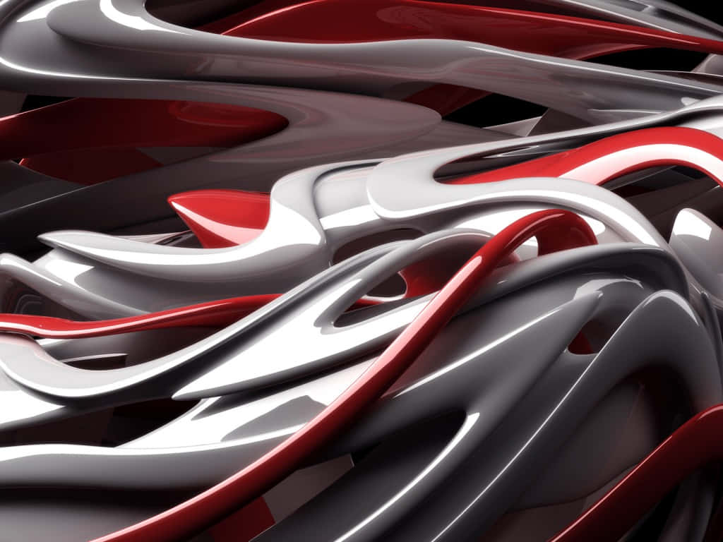 Red White And Black Abstract 桌布 壁紙 — 時尚的金屬紅和銀色抽象波浪彎曲流動，帶有光澤反射。