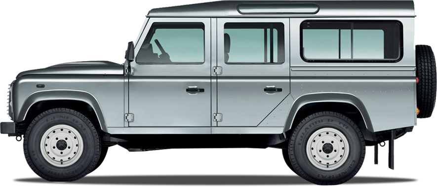 荒原路華 桌布 壁紙 — 時尚的銀色 Land Rover Defender 在乾淨的白色背景上以側面輪廓展示，帶有微妙的陰影。