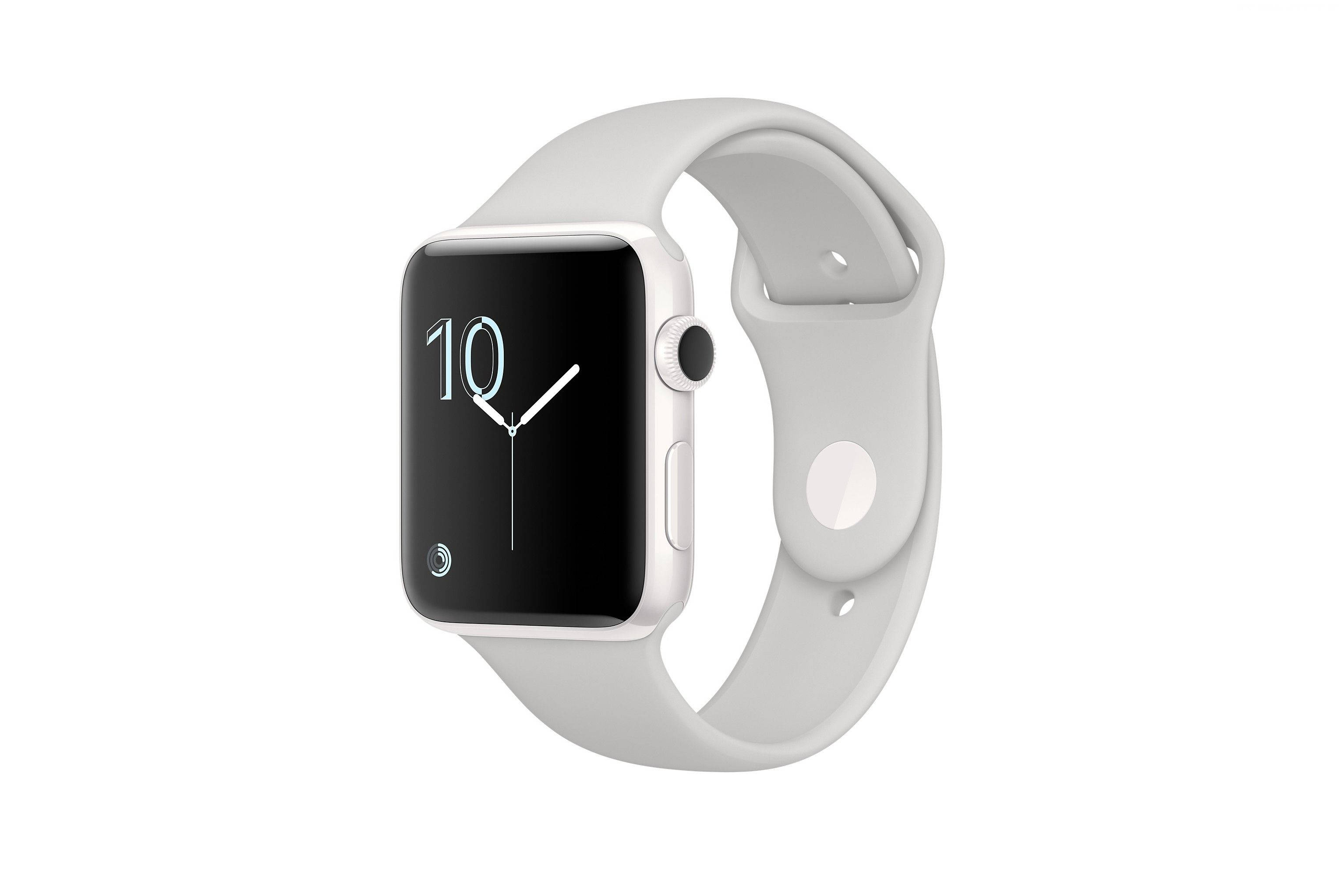 Apple Watch 動態 桌布 壁紙 — 時尚的銀色Apple Watch搭配淺灰色運動錶帶，在純白背景上顯示簡約的類比時鐘面。