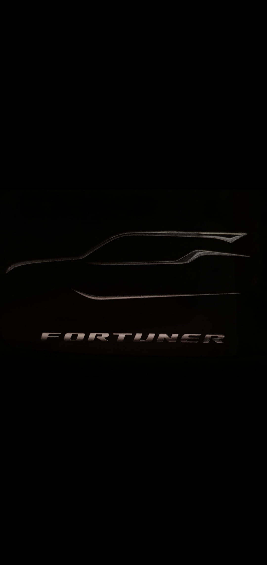 Black 桌布 壁紙 — 時尚的銀色Fortuner SUV輪廓在漆黑背景上發光，下方有發光的名字。