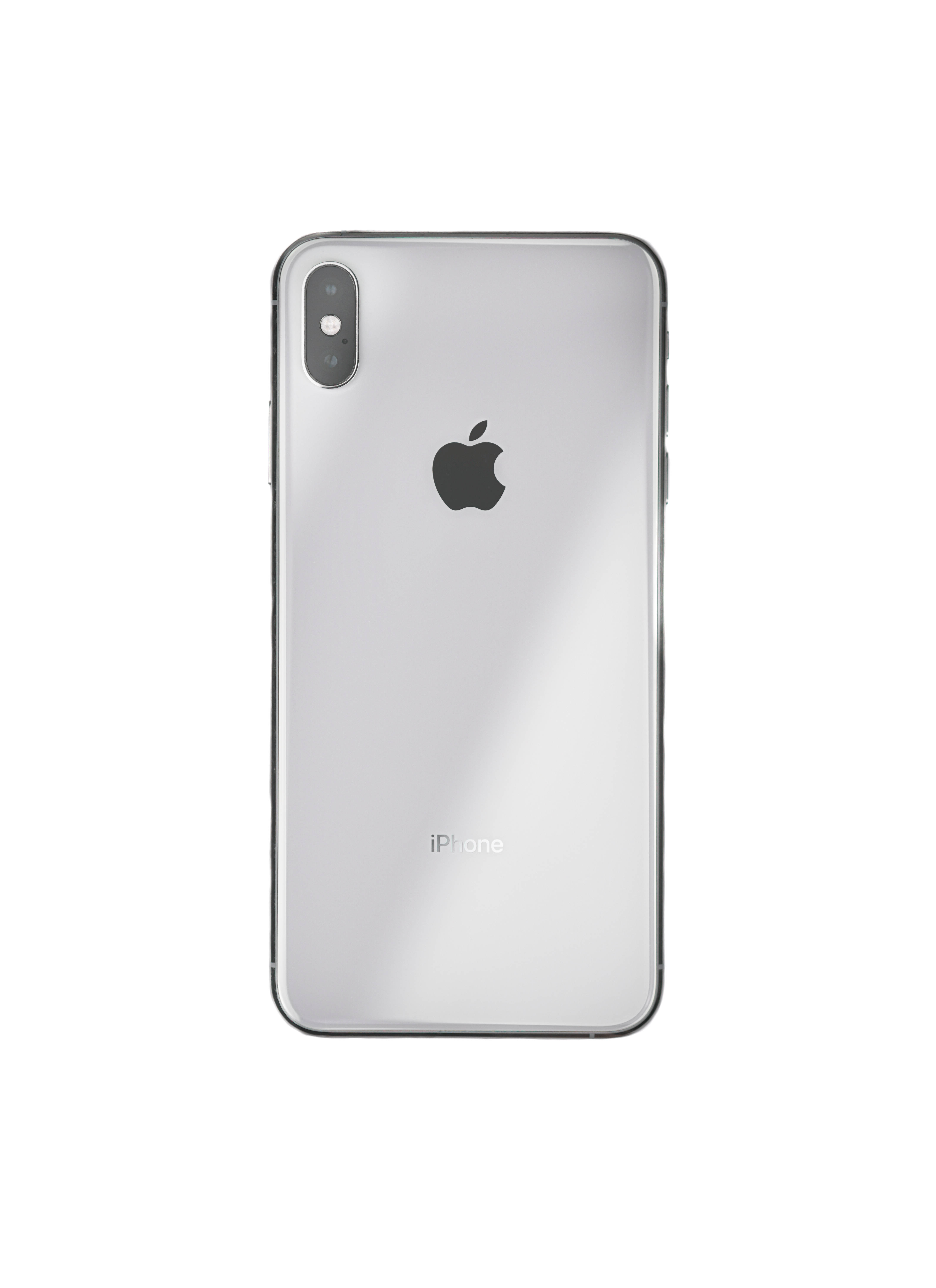 iPhone Xs Max 桌布 壁紙 — 時尚的銀色iPhone X背面視圖，雙攝像頭和Apple標誌居中，背景為純白色。