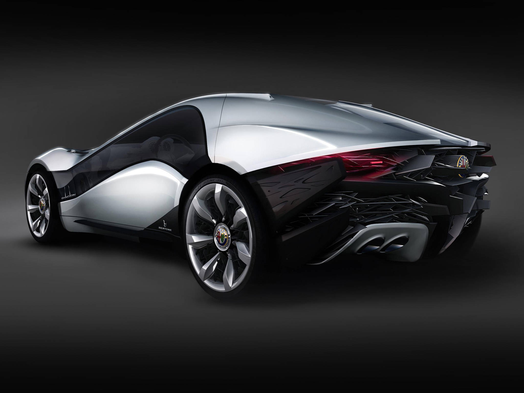 alfa romeo iPhone 桌布 壁紙 — 時尚的銀色和黑色未來主義跑車，帶有發光的紅色尾燈和空氣動力學曲線，以深色工作室背景為襯托。