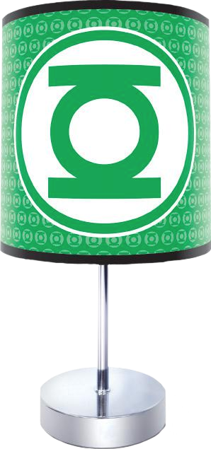 Circle 桌布 壁紙 — 時尚的銀色檯燈，配有綠色燈罩，上面有標誌性的 Green Lantern 標誌和重複的符號圖案。